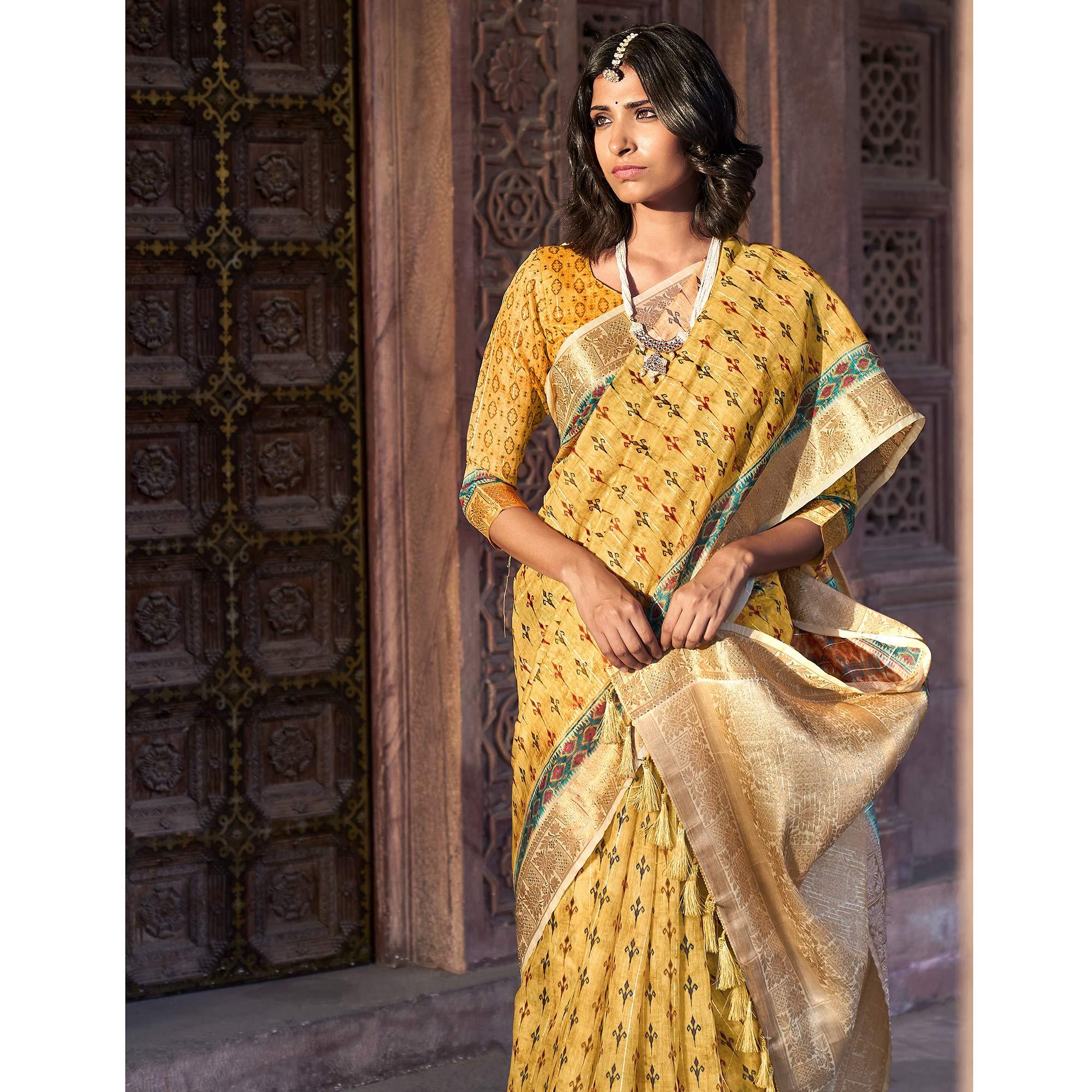 Yellow Digital Printed Linen Saree - Peachmode