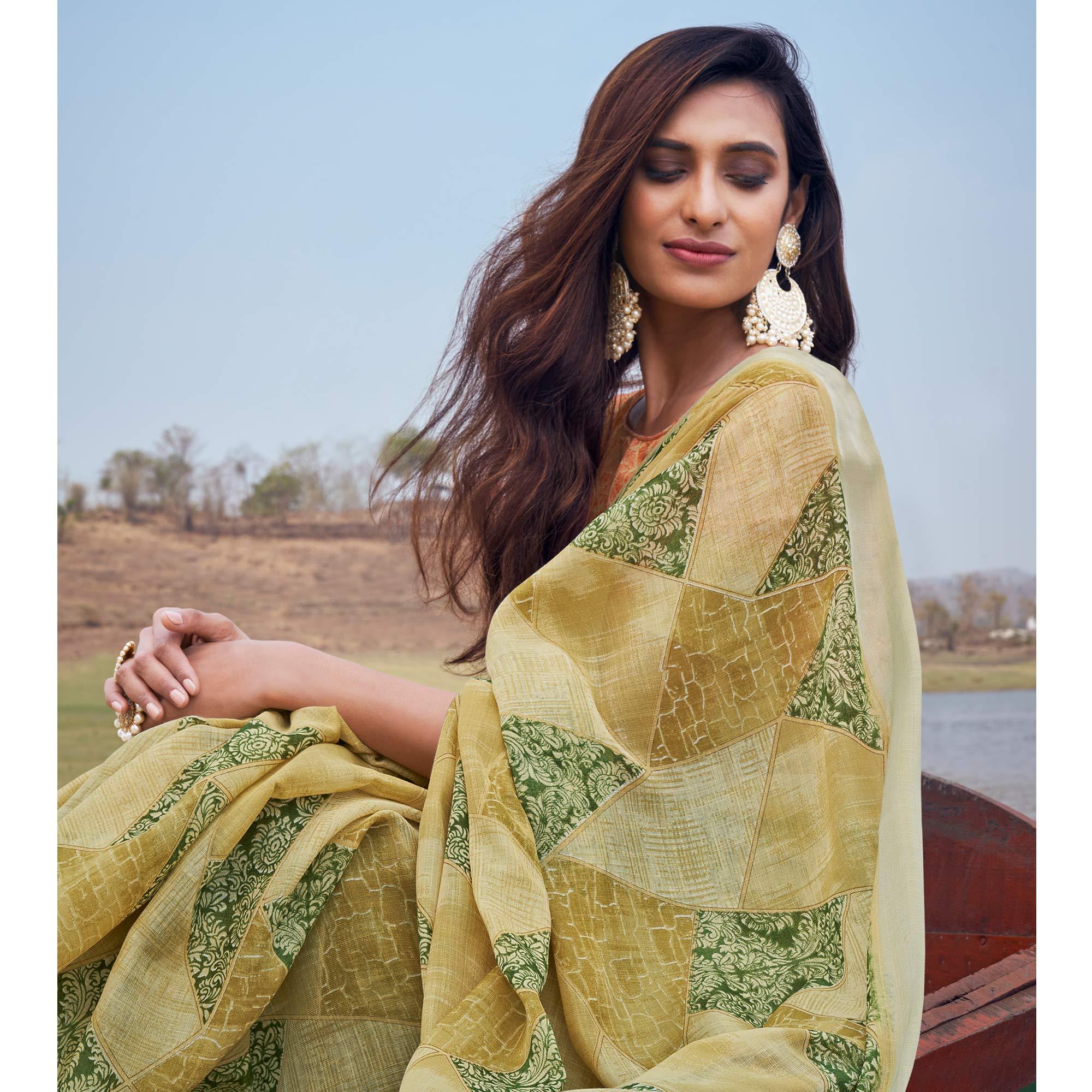 Yellow Digital Printed Linen Saree - Peachmode