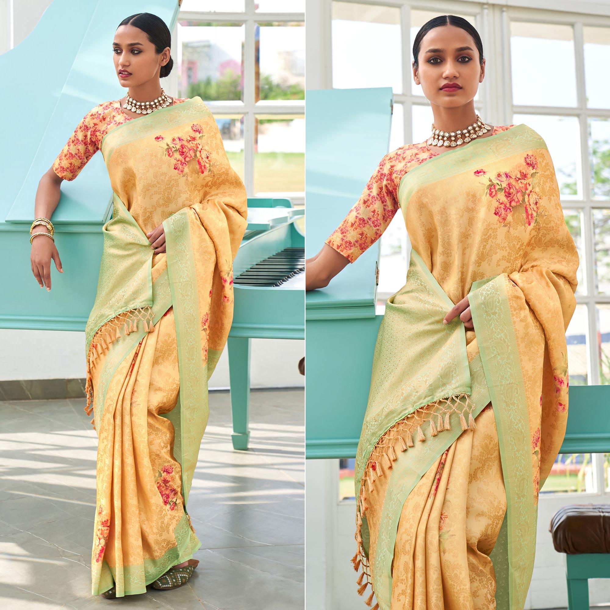 Yellow Digital Printed Pure Silk Saree With Tassels - Peachmode