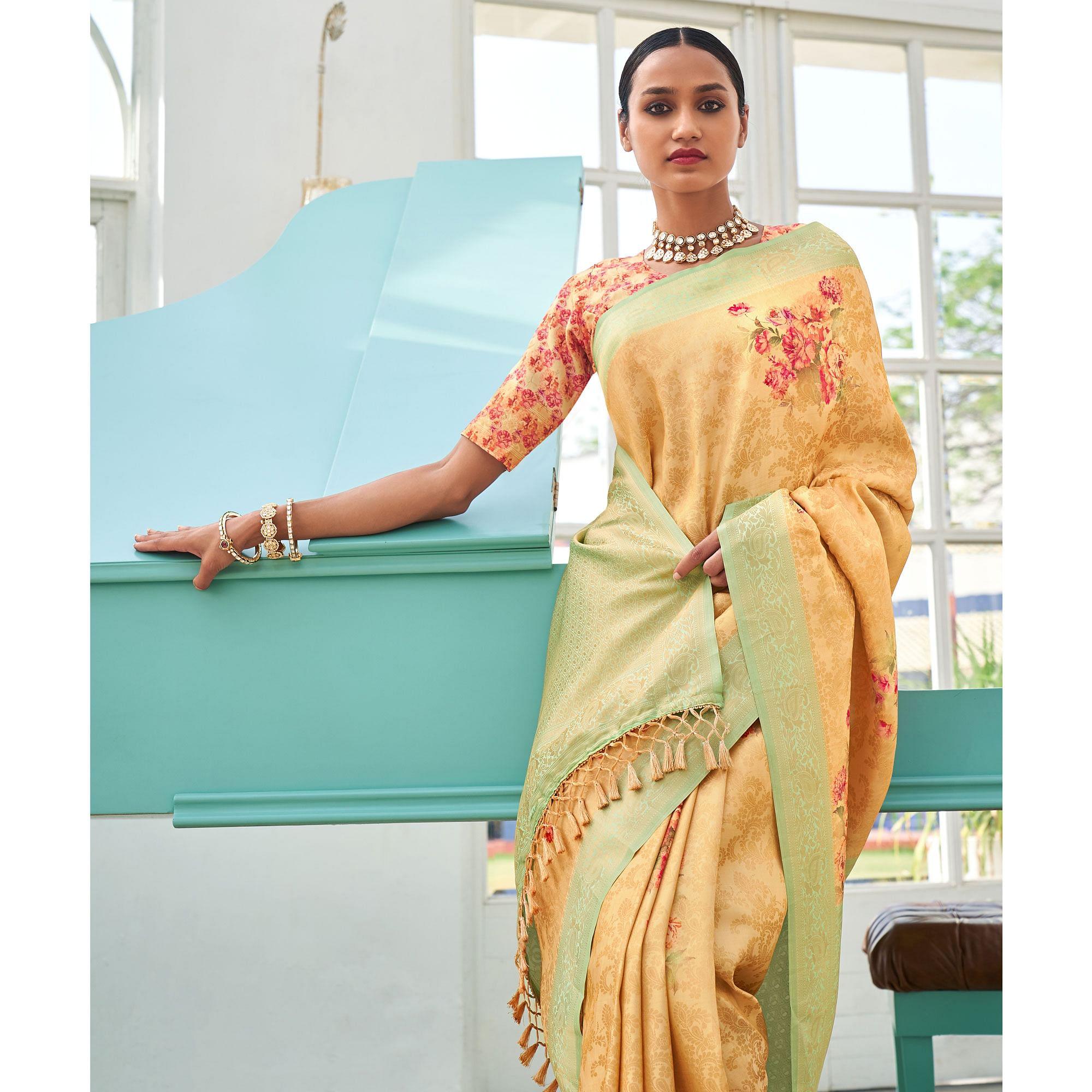 Yellow Digital Printed Pure Silk Saree With Tassels - Peachmode