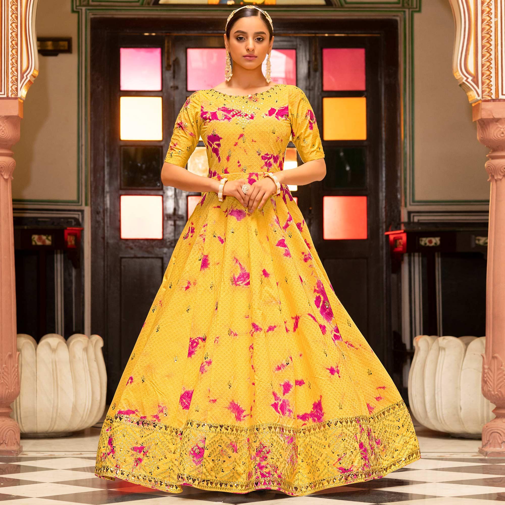 Yellow Digital Printed With Sequence Embroidered Poly Cotton Gown - Peachmode
