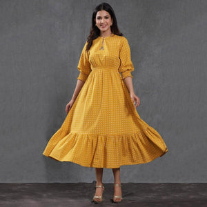 Yellow Dot Printed Pure Cotton Western Dress - Peachmode