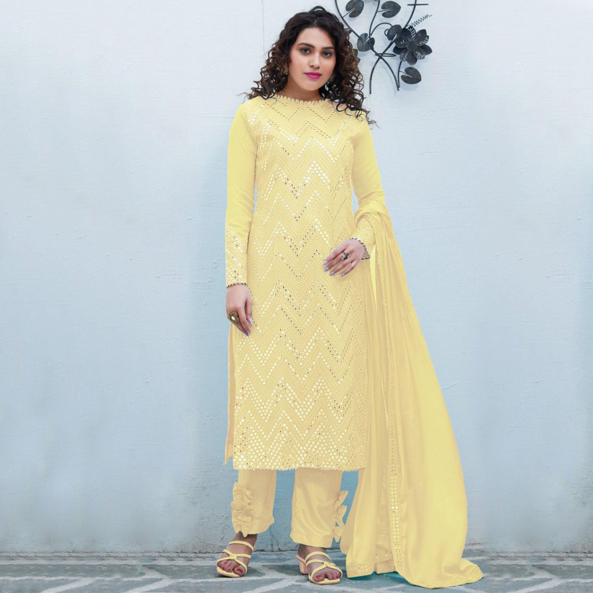Yellow Embellished & Embroidered Georgette Partywear Suit - Peachmode