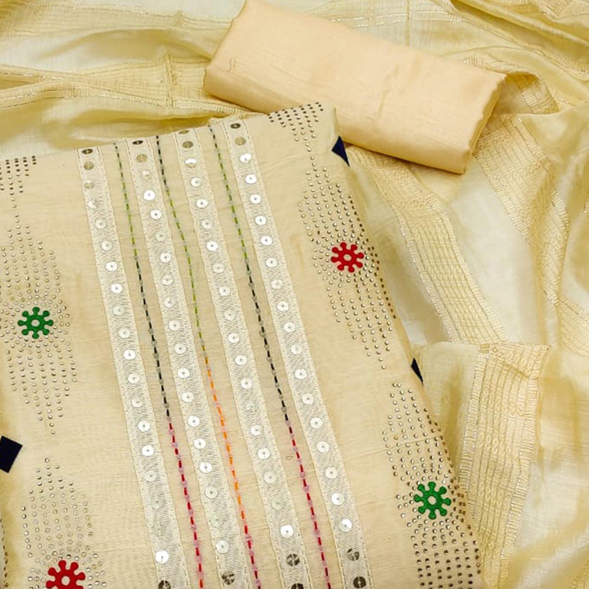 Yellow Embellished Chanderi Dress Material - Peachmode