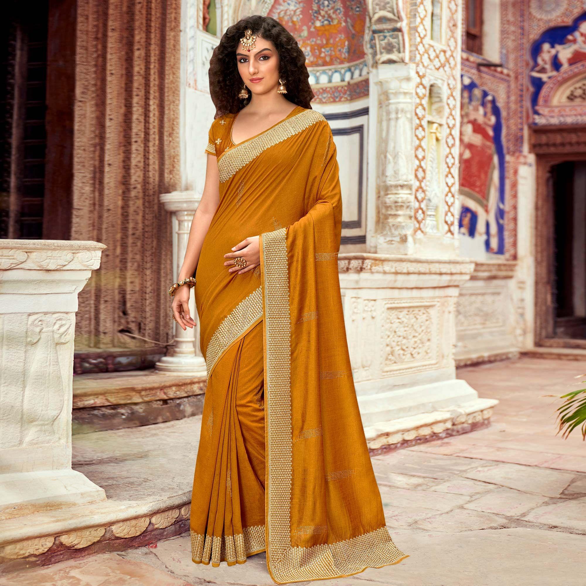 Yellow Embellished Vichitra Silk Saree - Peachmode