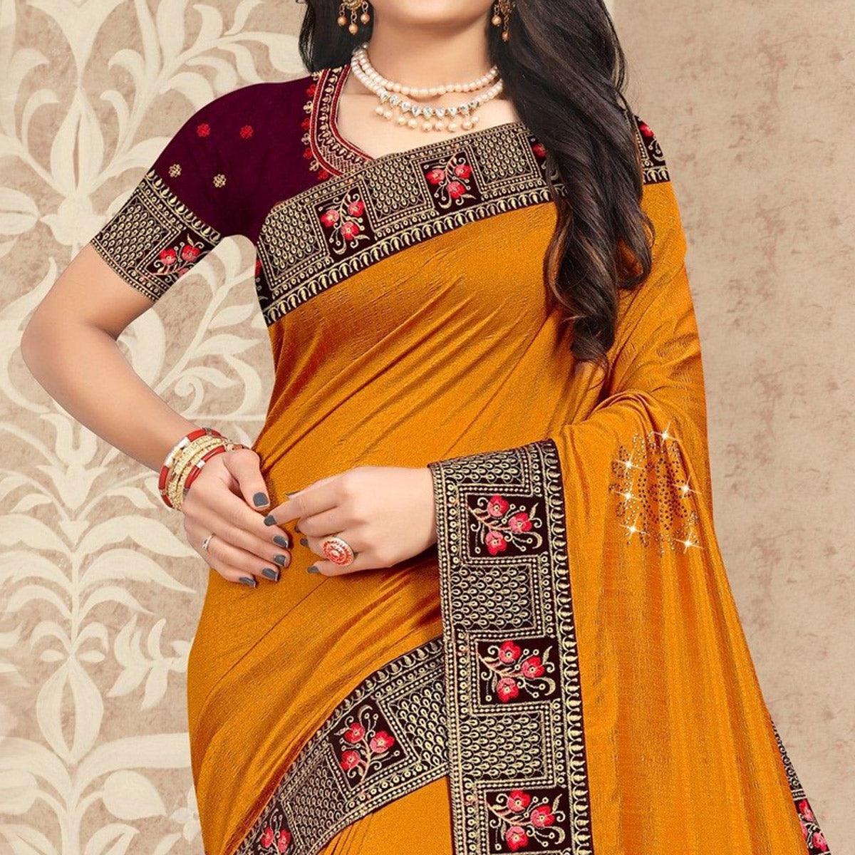 Yellow Embellished Vichitra Silk Saree - Peachmode