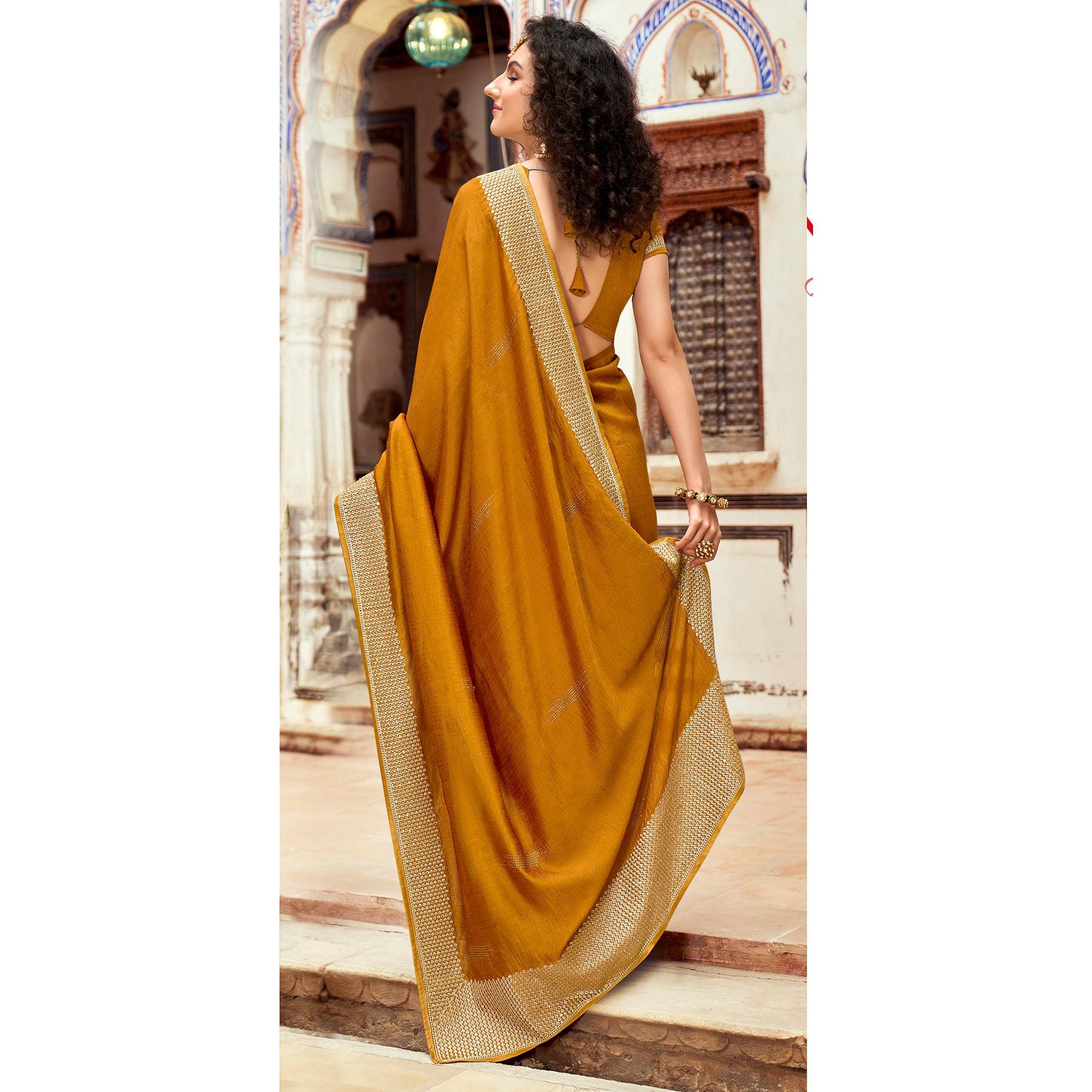 Yellow Embellished Vichitra Silk Saree - Peachmode