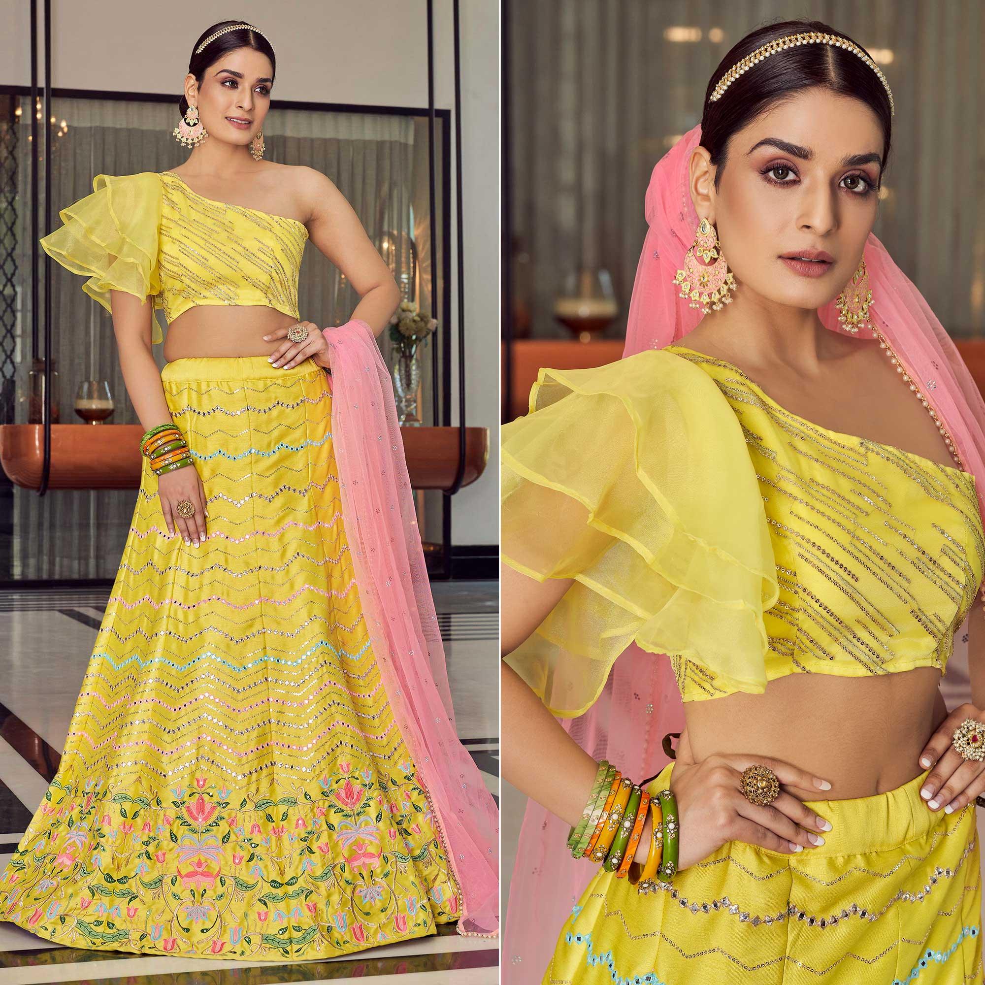 Yellow Embellished With Embroidered Art Silk Lehenga Choli - Peachmode