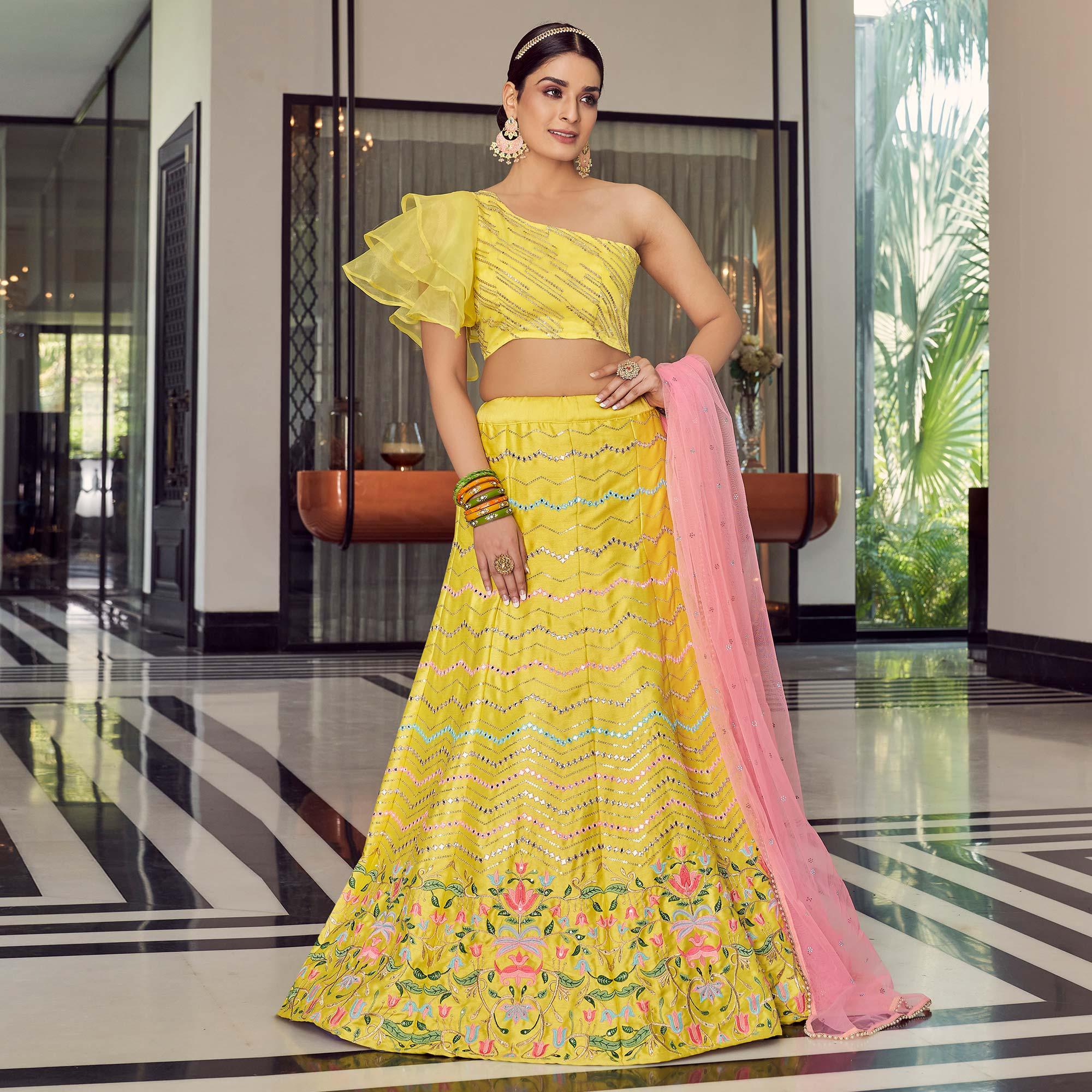 Yellow Embellished With Embroidered Art Silk Lehenga Choli - Peachmode