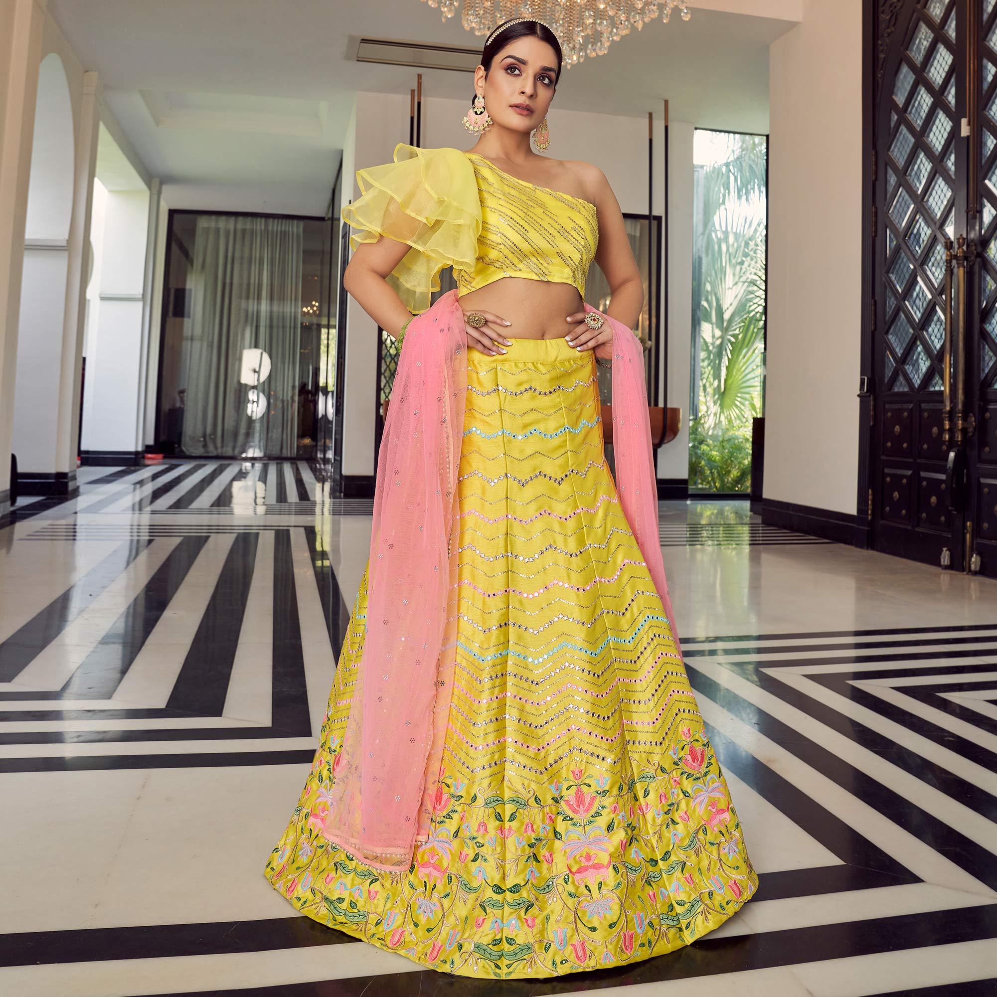 Yellow Embellished With Embroidered Art Silk Lehenga Choli - Peachmode