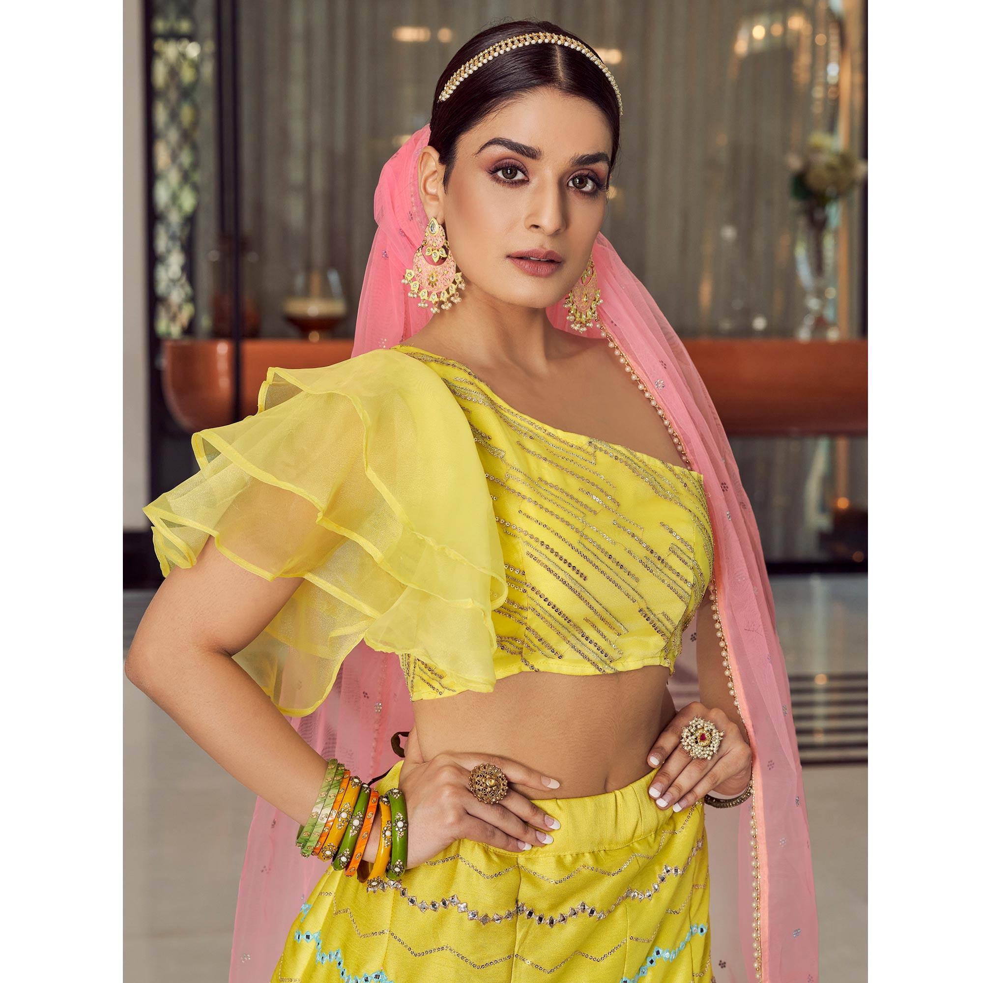 Yellow Embellished With Embroidered Art Silk Lehenga Choli - Peachmode