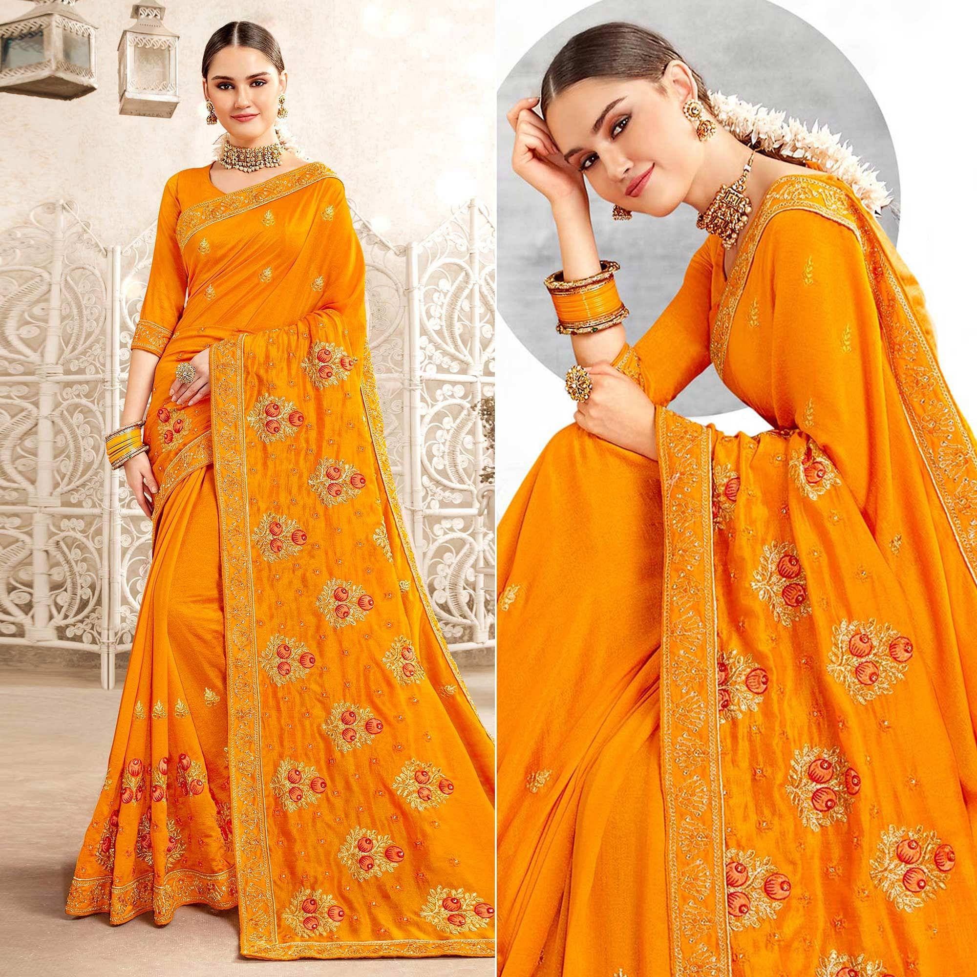 Yellow Embellished With Embroidered Art Silk Saree - Peachmode
