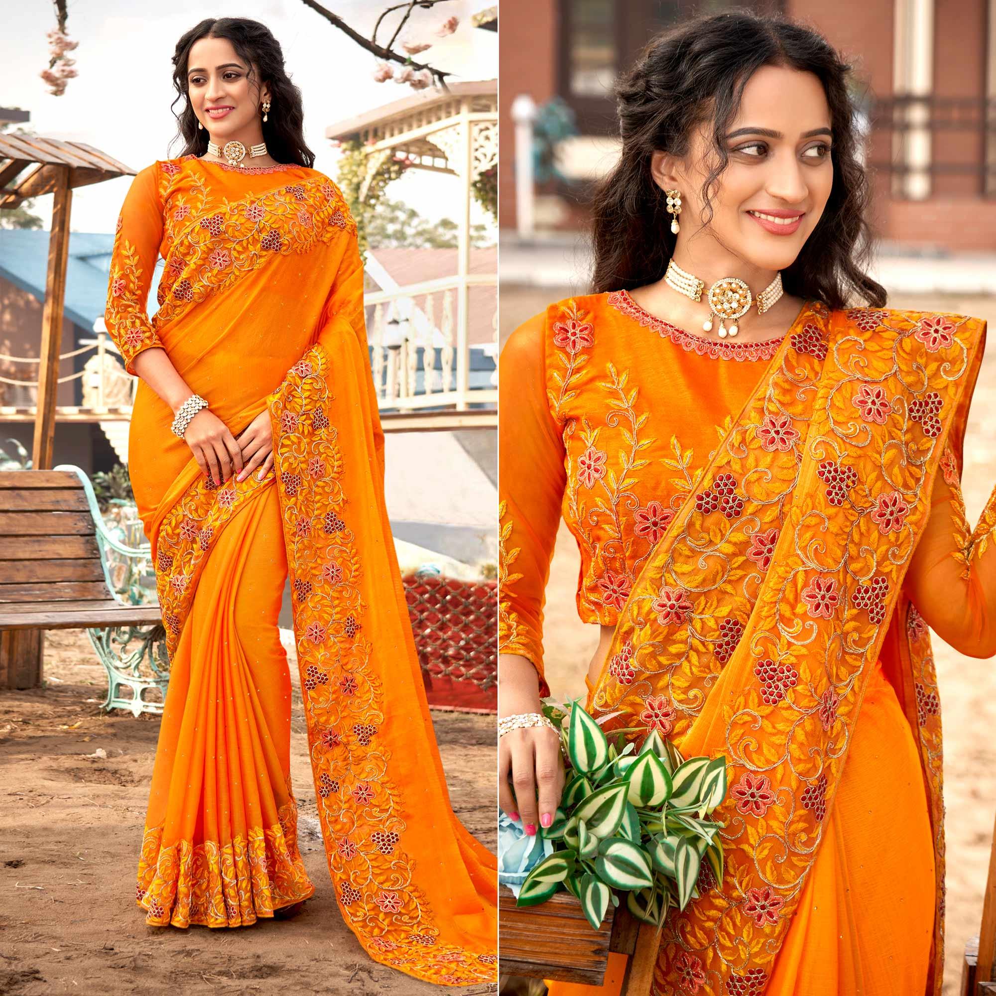 Yellow Embellished With Embroidered Chiffon Saree - Peachmode