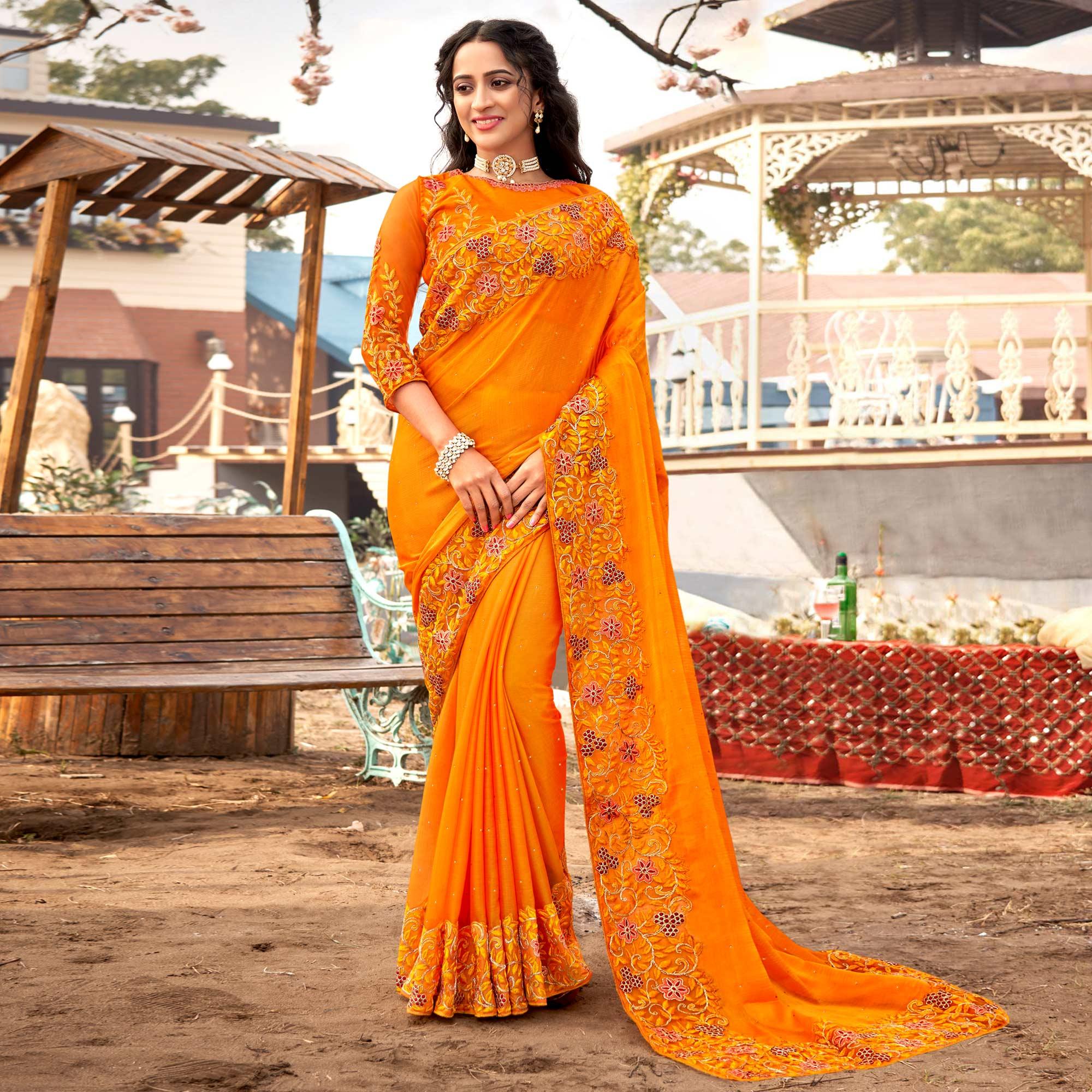 Yellow Embellished With Embroidered Chiffon Saree - Peachmode