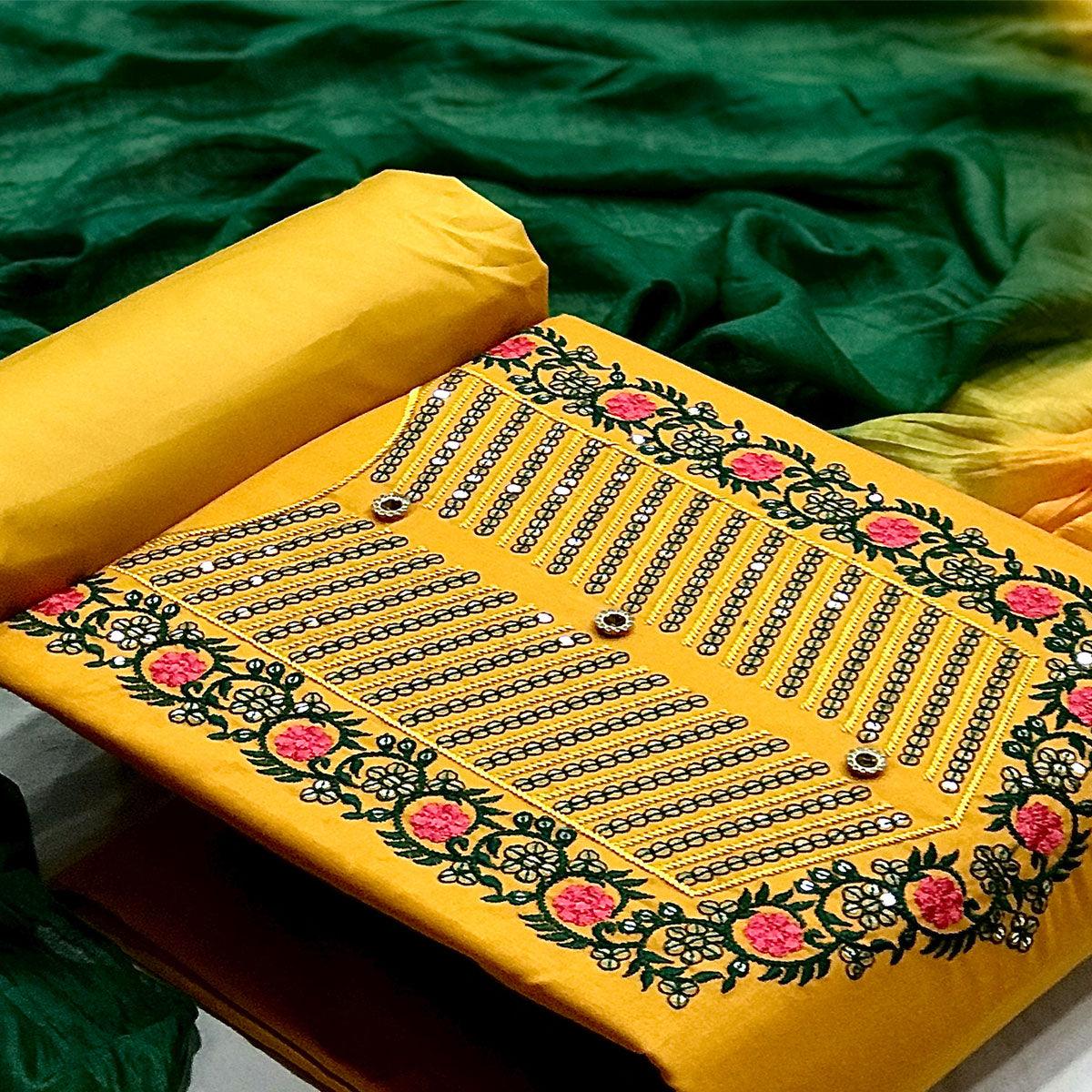 Yellow Embellished With Embroidered Cotton Blend Dress Material - Peachmode