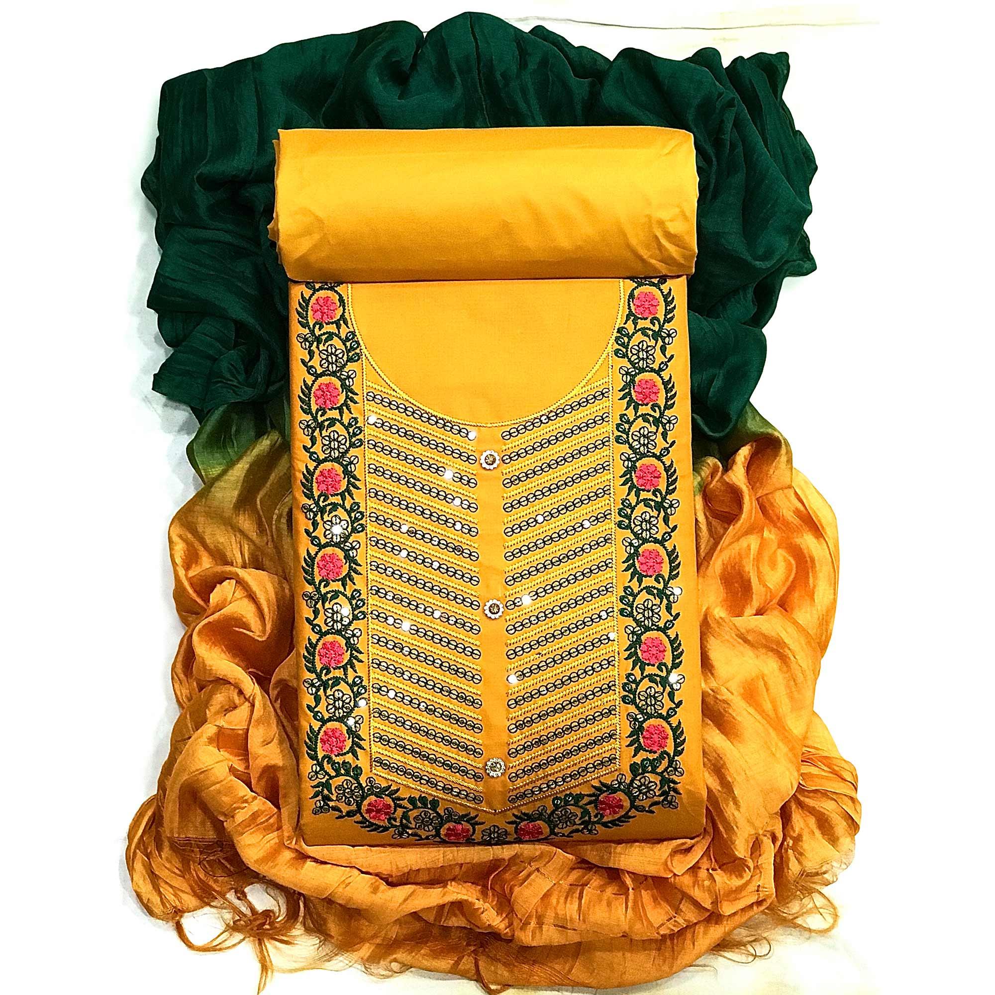 Yellow Embellished With Embroidered Cotton Blend Dress Material - Peachmode