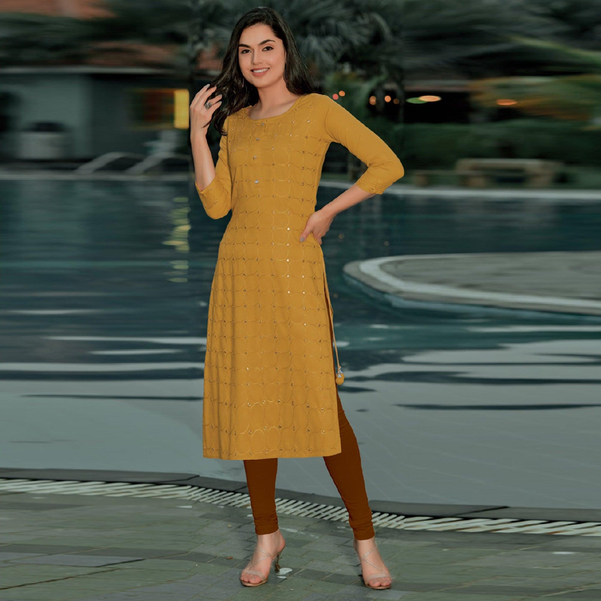 Yellow Embellished With Embroidered Cotton Kurti - Peachmode