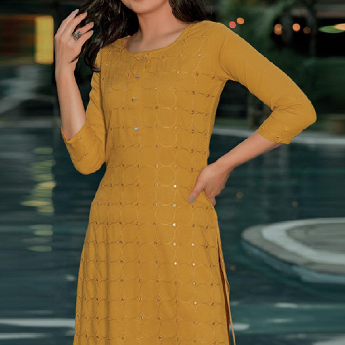 Yellow Embellished With Embroidered Cotton Kurti - Peachmode