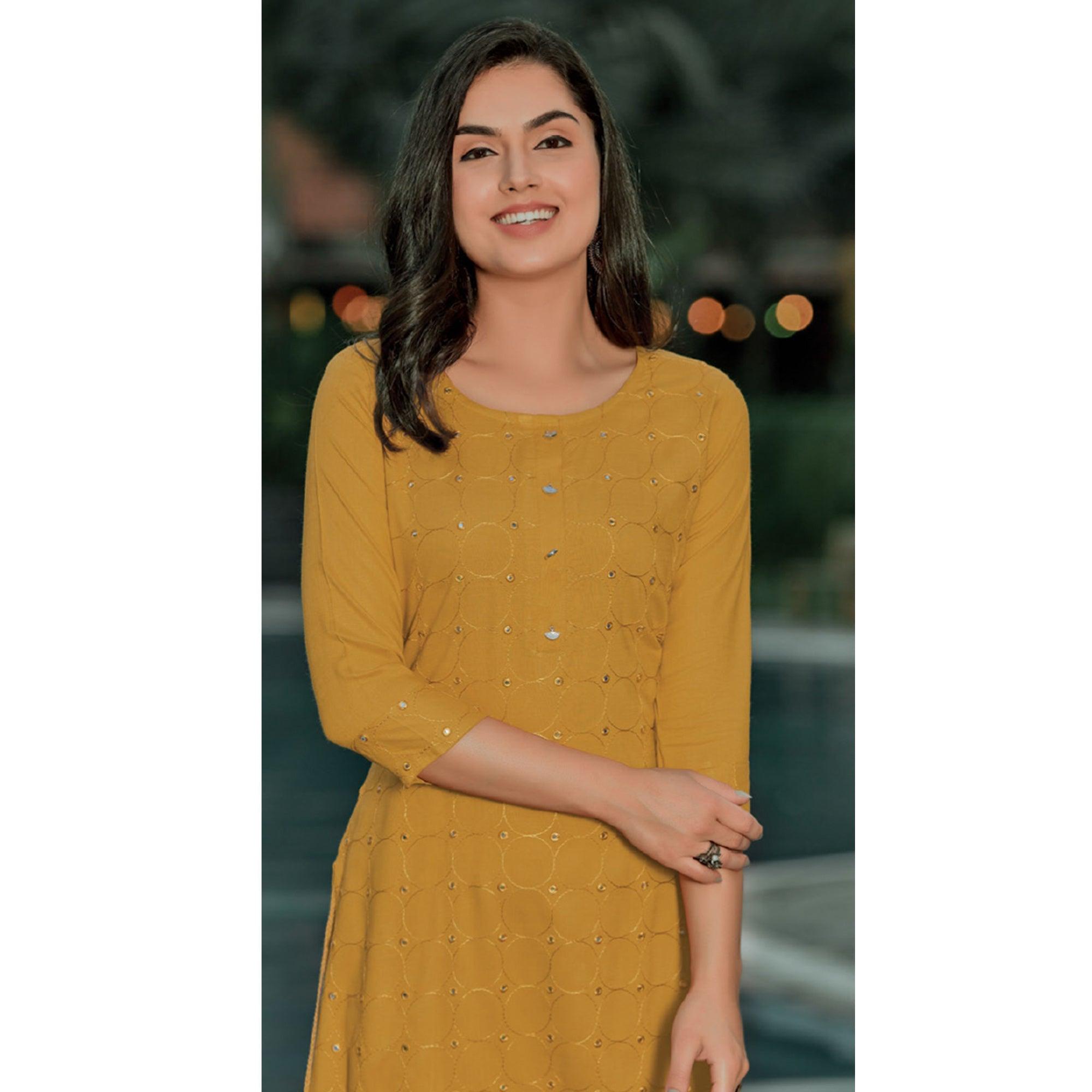 Yellow Embellished With Embroidered Cotton Kurti - Peachmode
