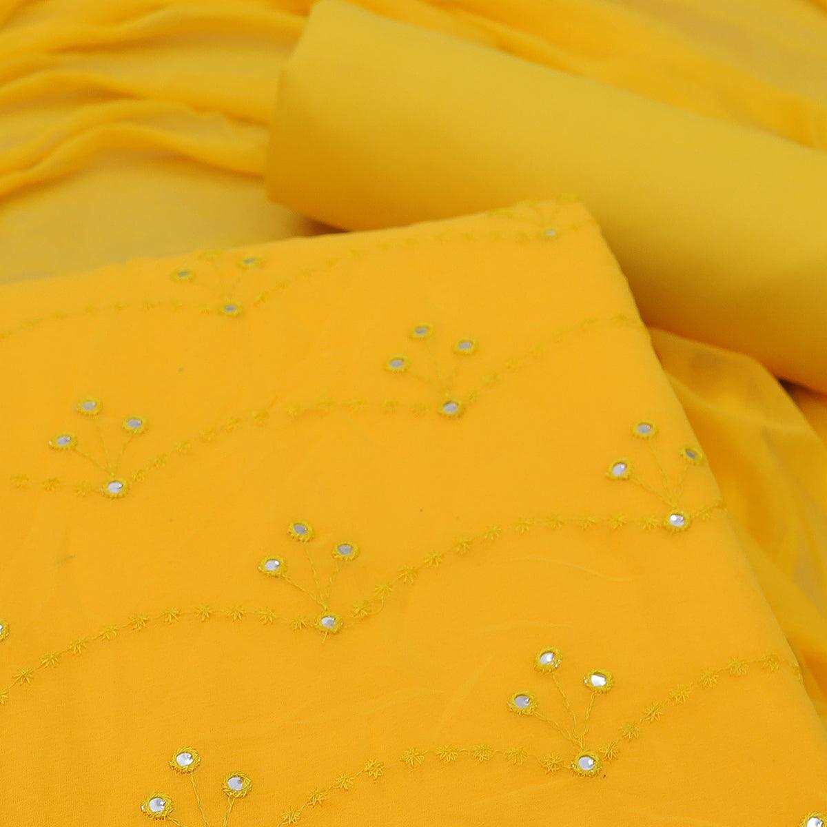 Yellow Embellished With Embroidered Georgette Dress Material - Peachmode