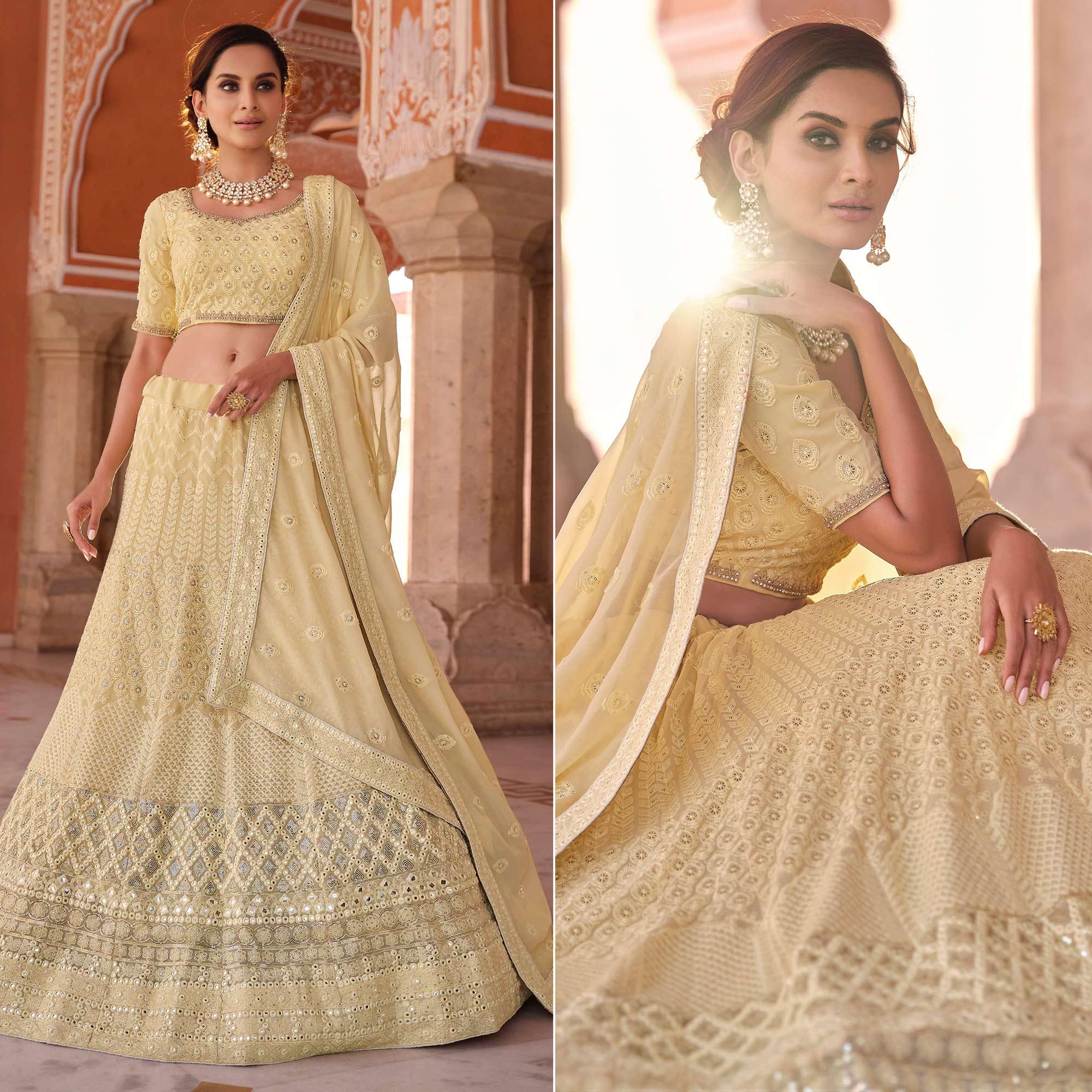 Yellow Embellished With Embroidered Georgette Lehenga Choli - Peachmode