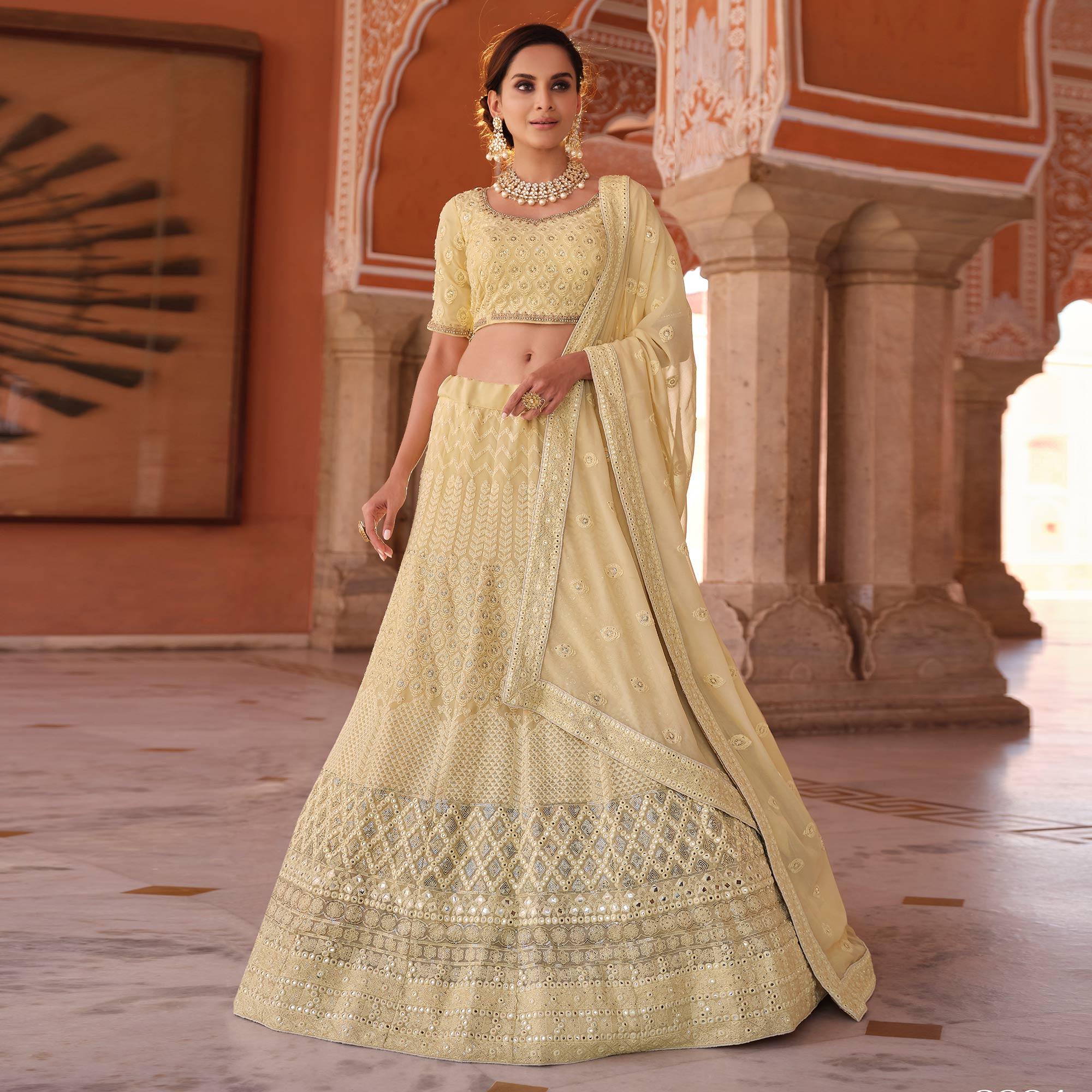 Yellow Embellished With Embroidered Georgette Lehenga Choli - Peachmode