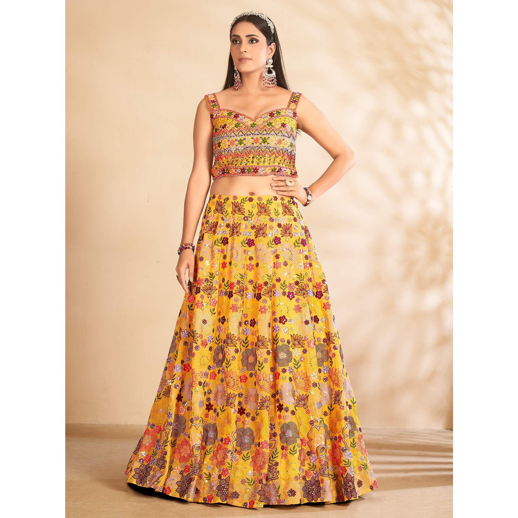 Yellow Embellished With Embroidered Georgette Lehenga Choli - Peachmode