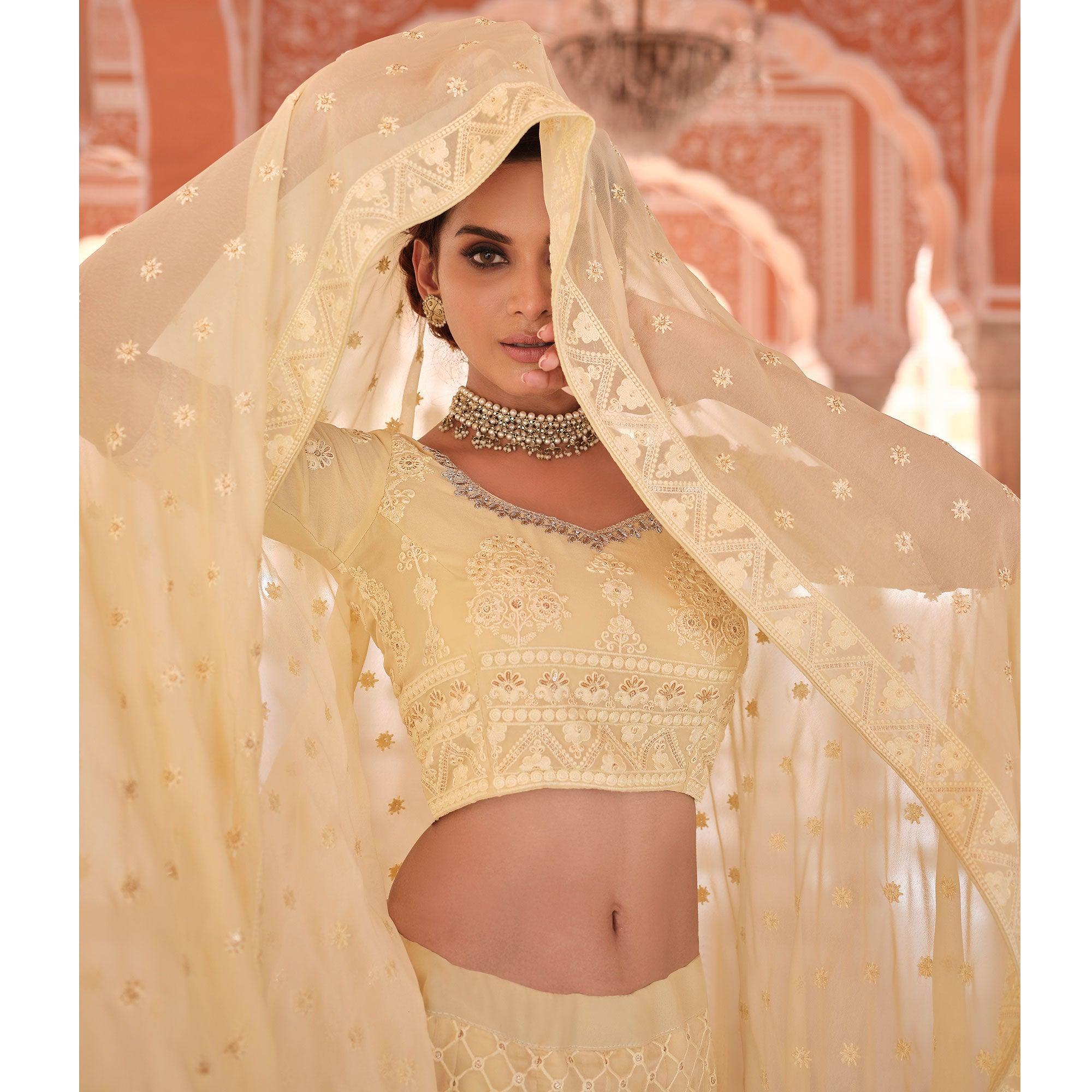 Yellow Embellished With Embroidered Georgette Lehenga Choli - Peachmode