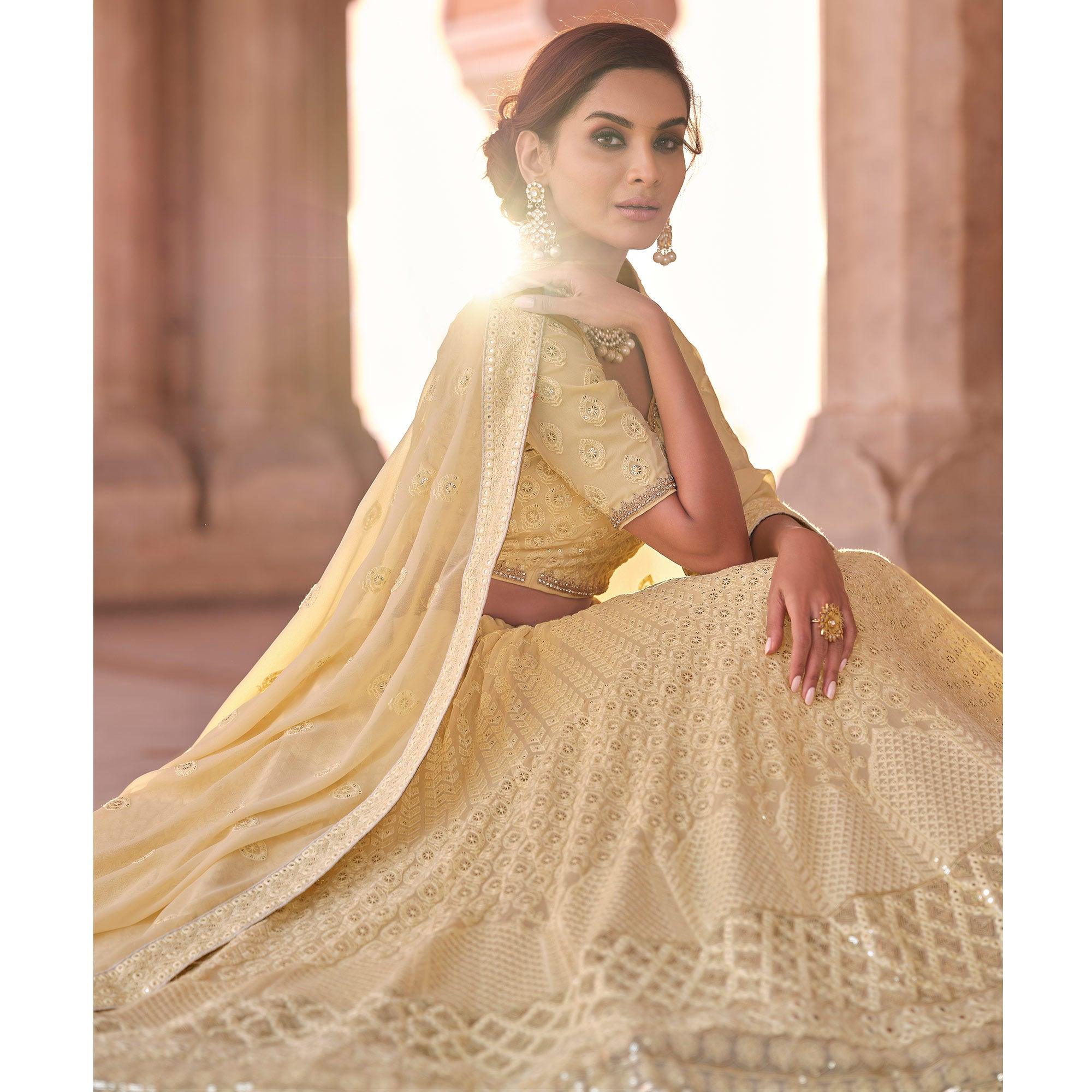 Yellow Embellished With Embroidered Georgette Lehenga Choli - Peachmode