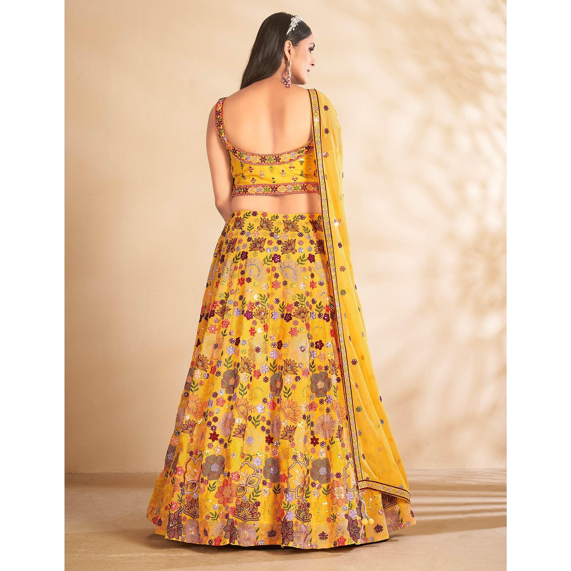 Yellow Embellished With Embroidered Georgette Lehenga Choli - Peachmode