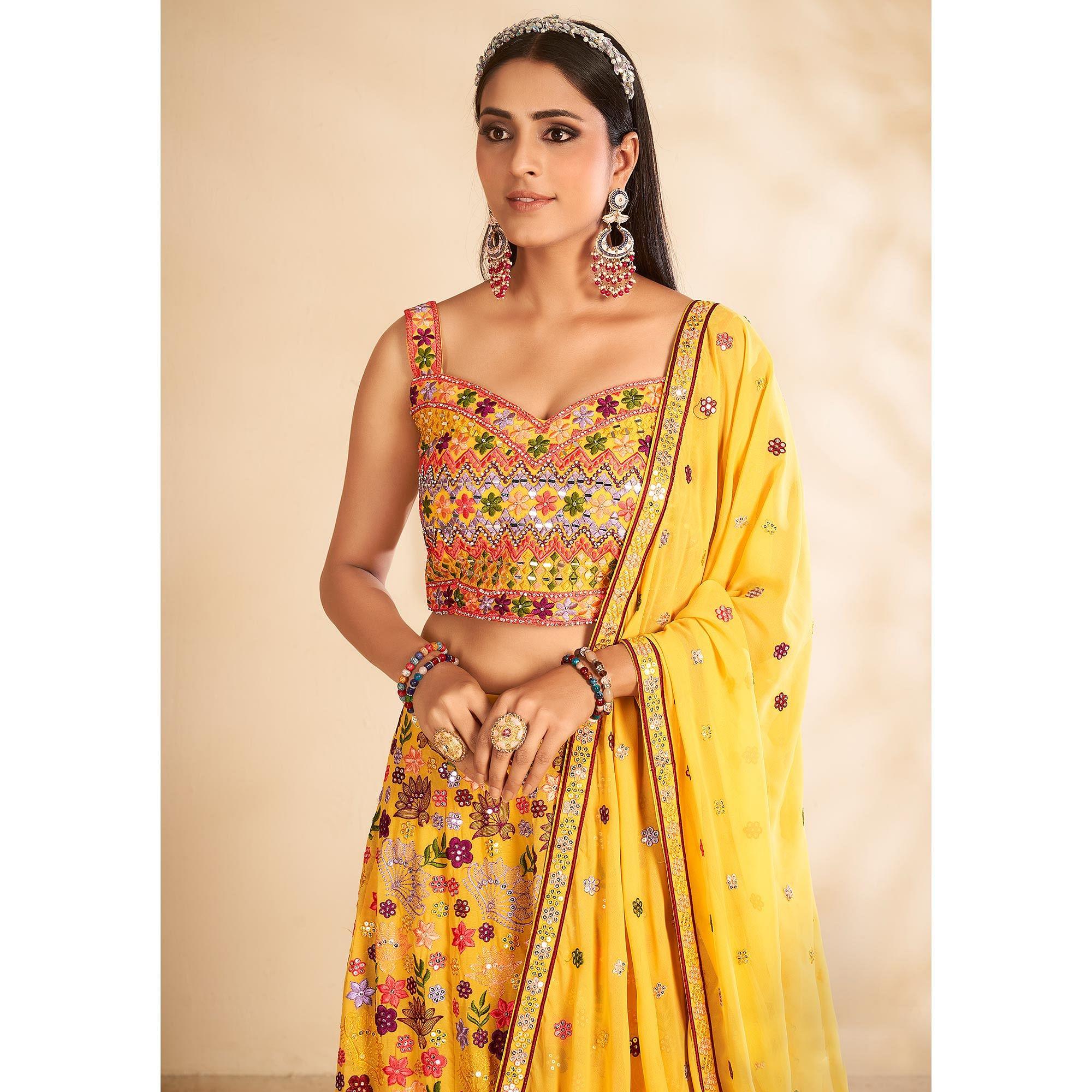 Yellow Embellished With Embroidered Georgette Lehenga Choli - Peachmode