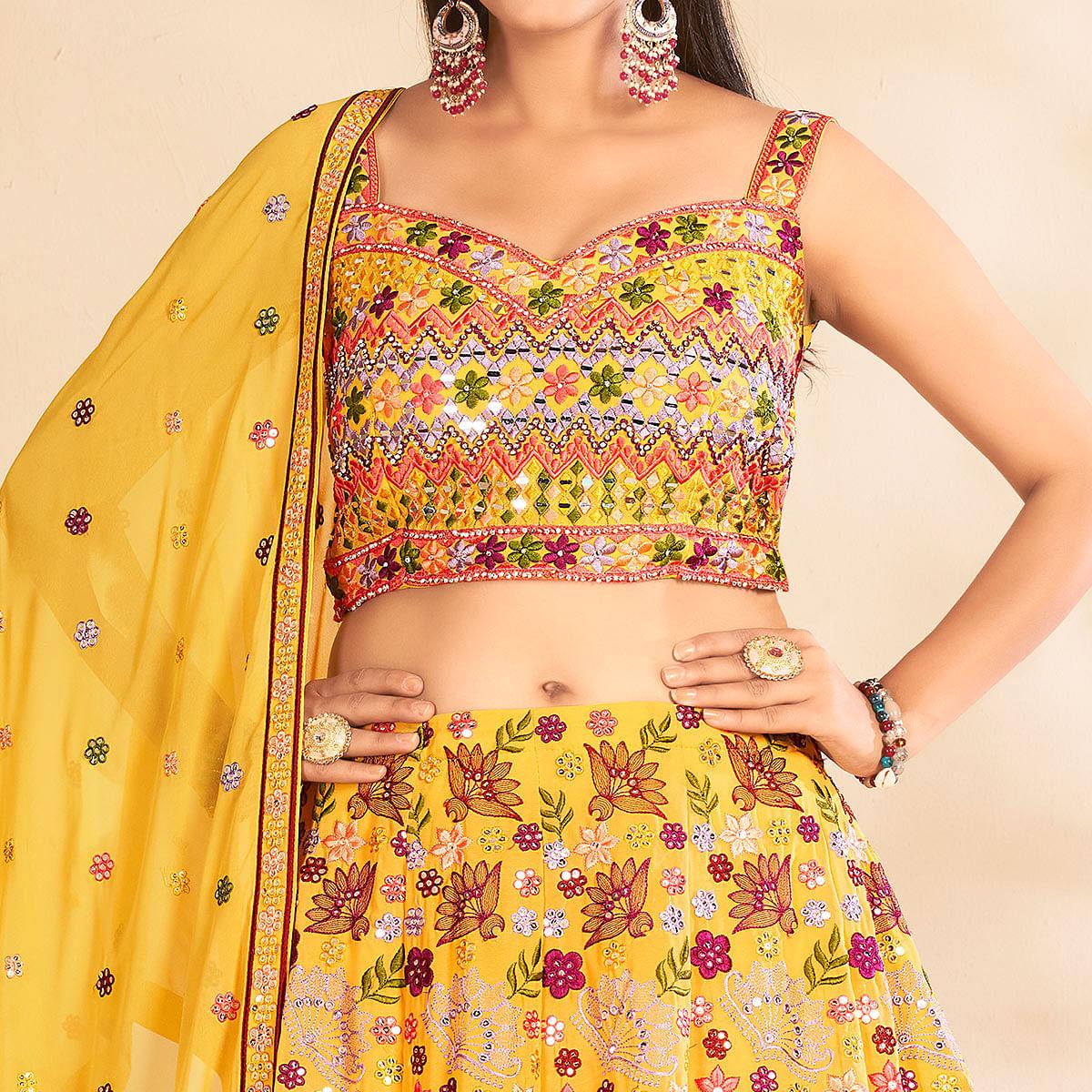 Yellow Embellished With Embroidered Georgette Lehenga Choli - Peachmode