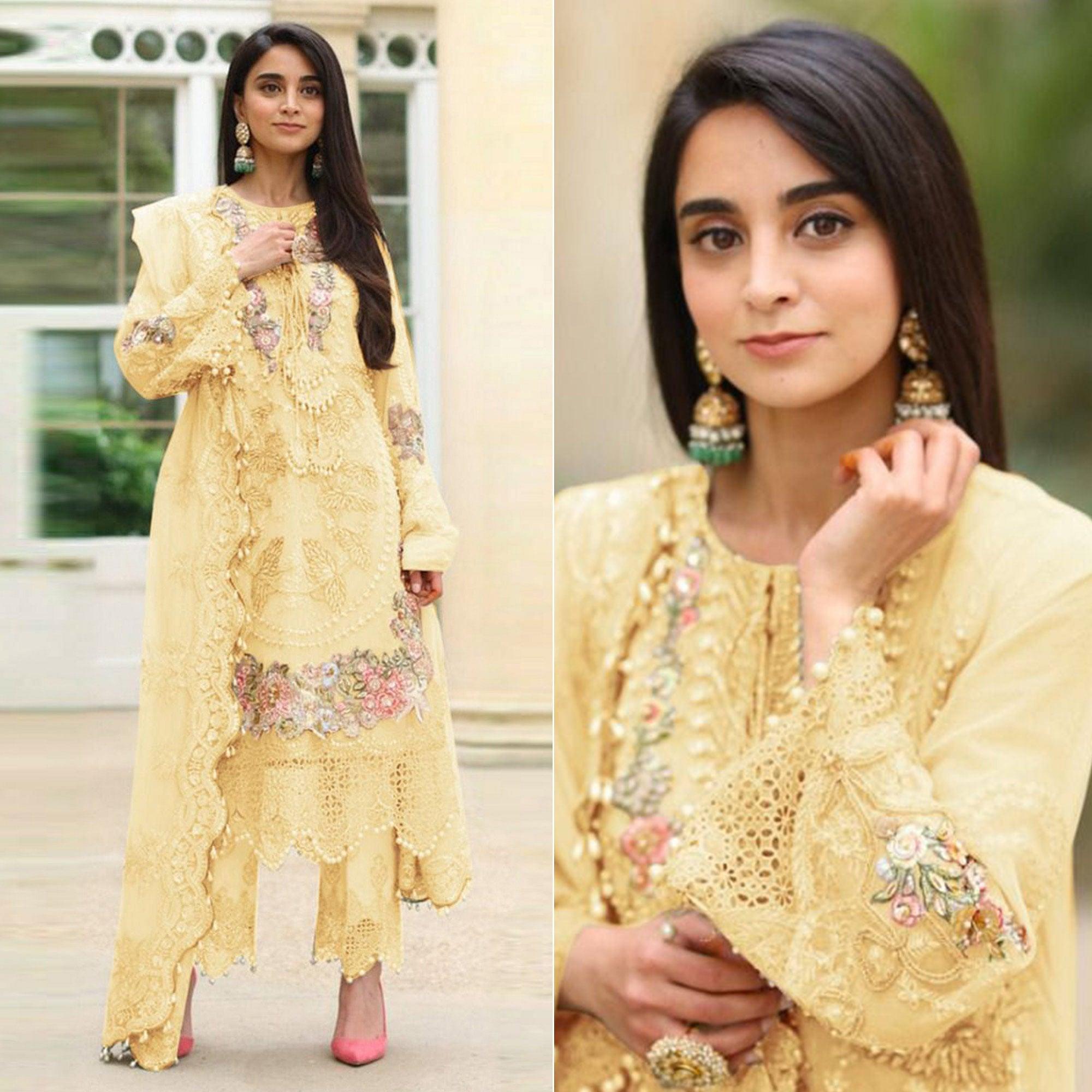 Yellow Embellished With Embroidered Georgette Pakistani Suit - Peachmode