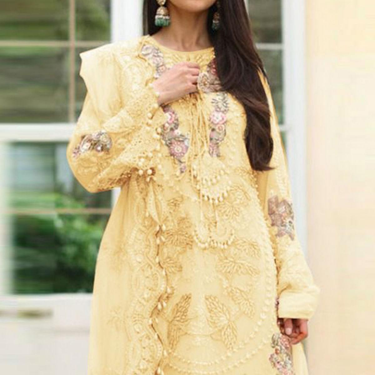 Yellow Embellished With Embroidered Georgette Pakistani Suit - Peachmode