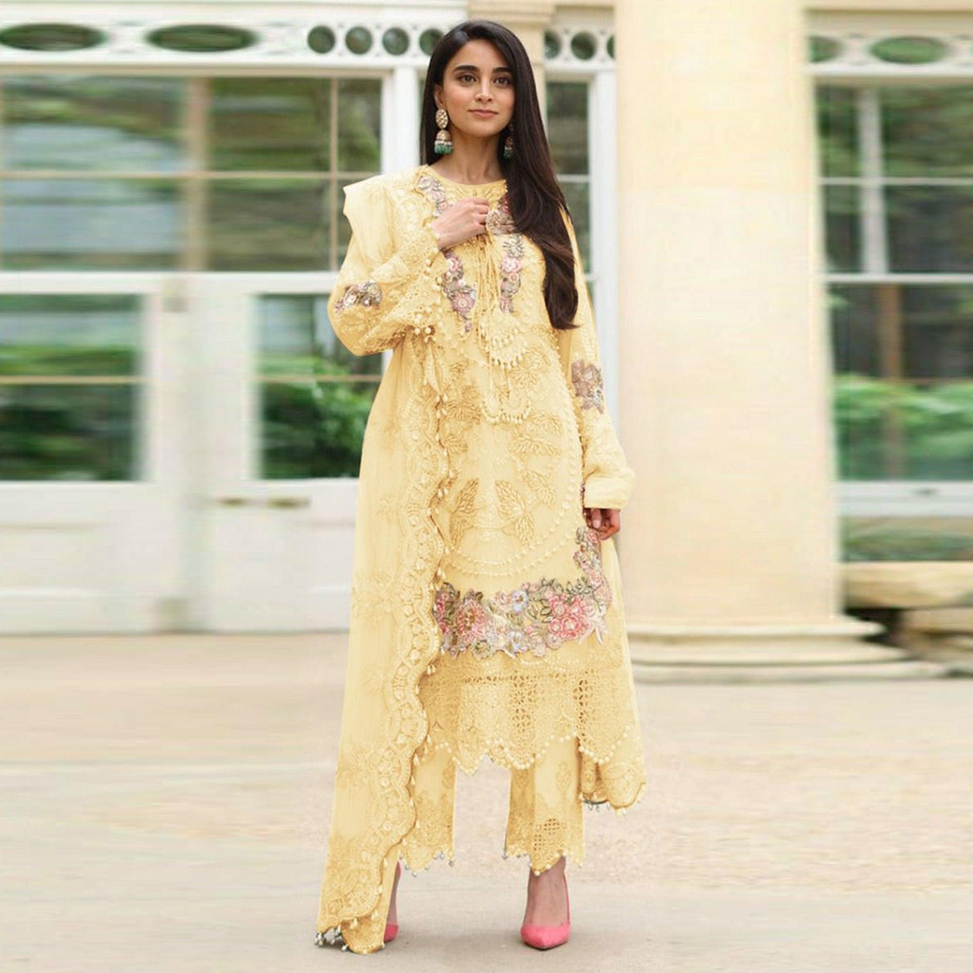 Yellow Embellished With Embroidered Georgette Pakistani Suit - Peachmode