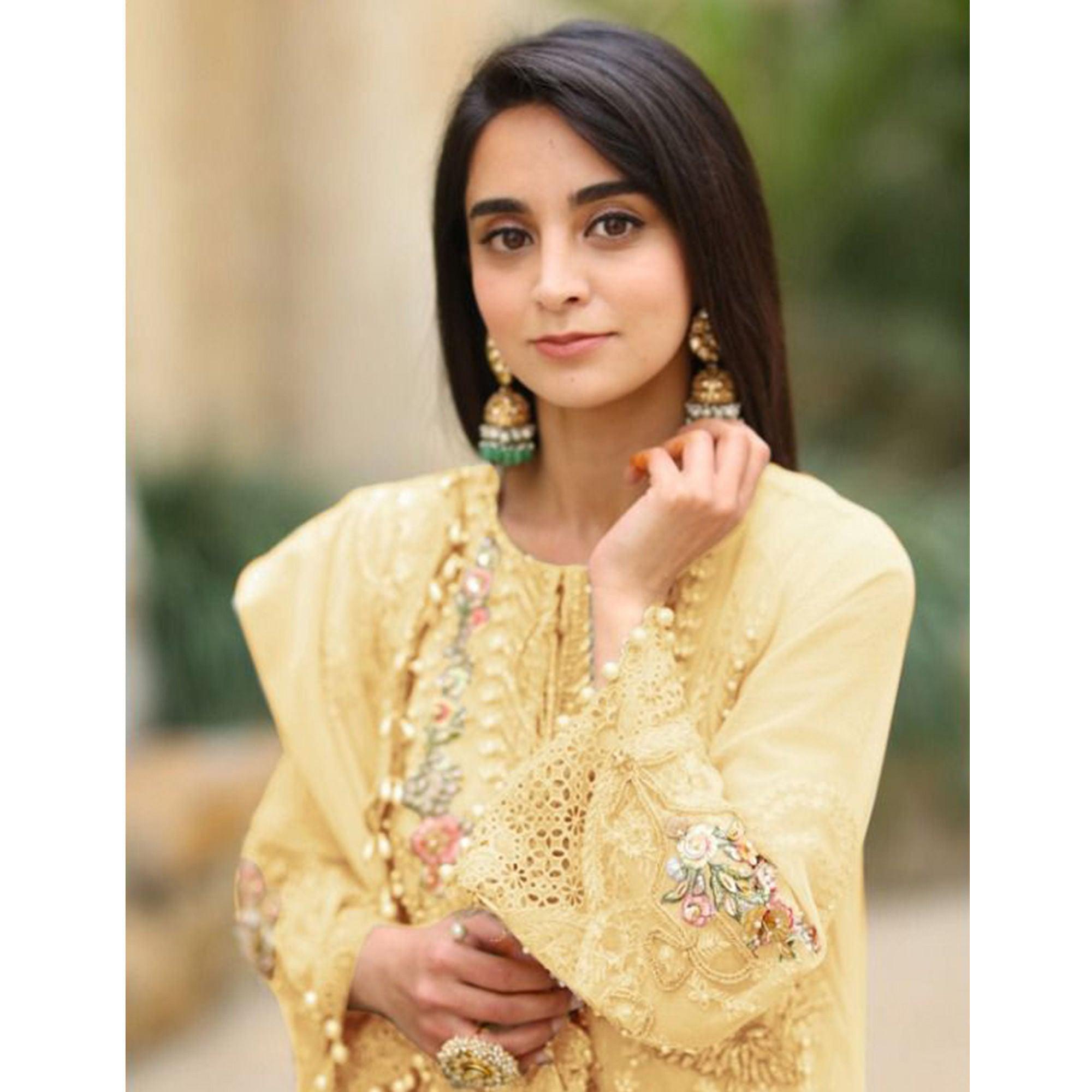 Yellow Embellished With Embroidered Georgette Pakistani Suit - Peachmode