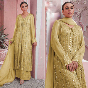 Yellow Embellished With Embroidered Georgette Palazzo Suit - Peachmode