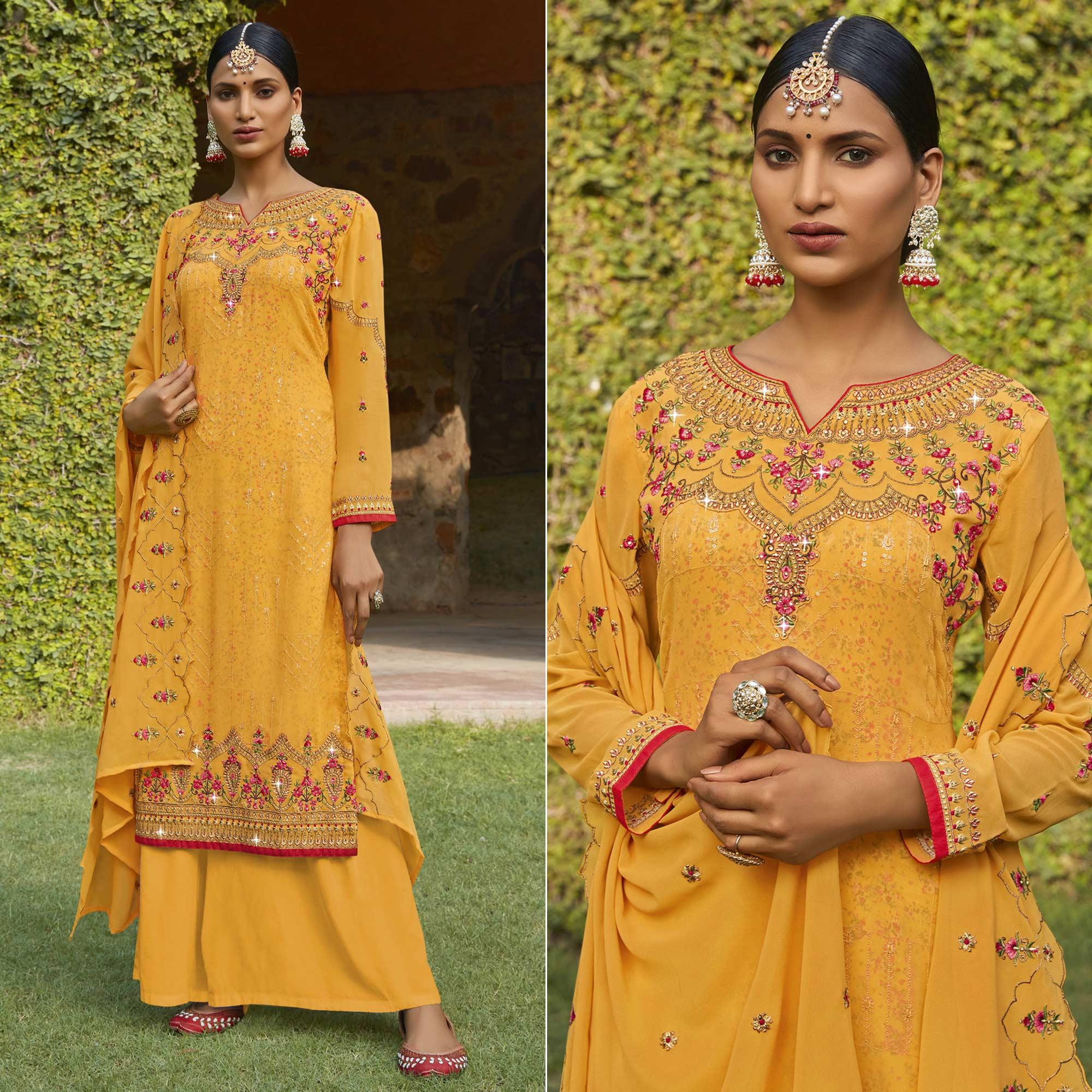 Yellow Embellished With Embroidered Georgette Palazzo Suit - Peachmode