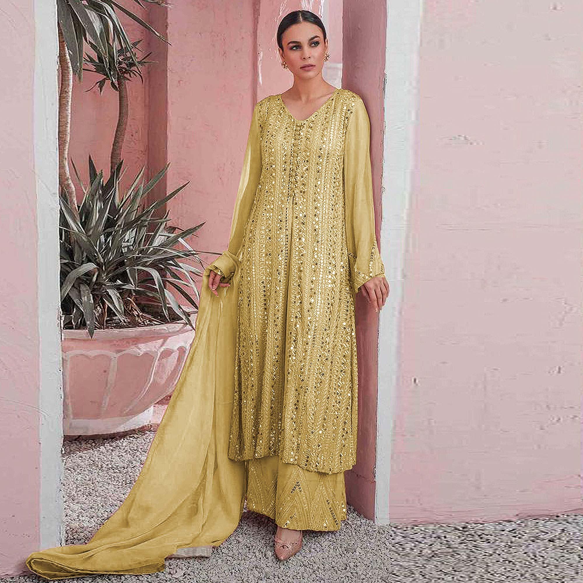 Yellow Embellished With Embroidered Georgette Palazzo Suit - Peachmode