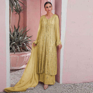 Yellow Embellished With Embroidered Georgette Palazzo Suit - Peachmode