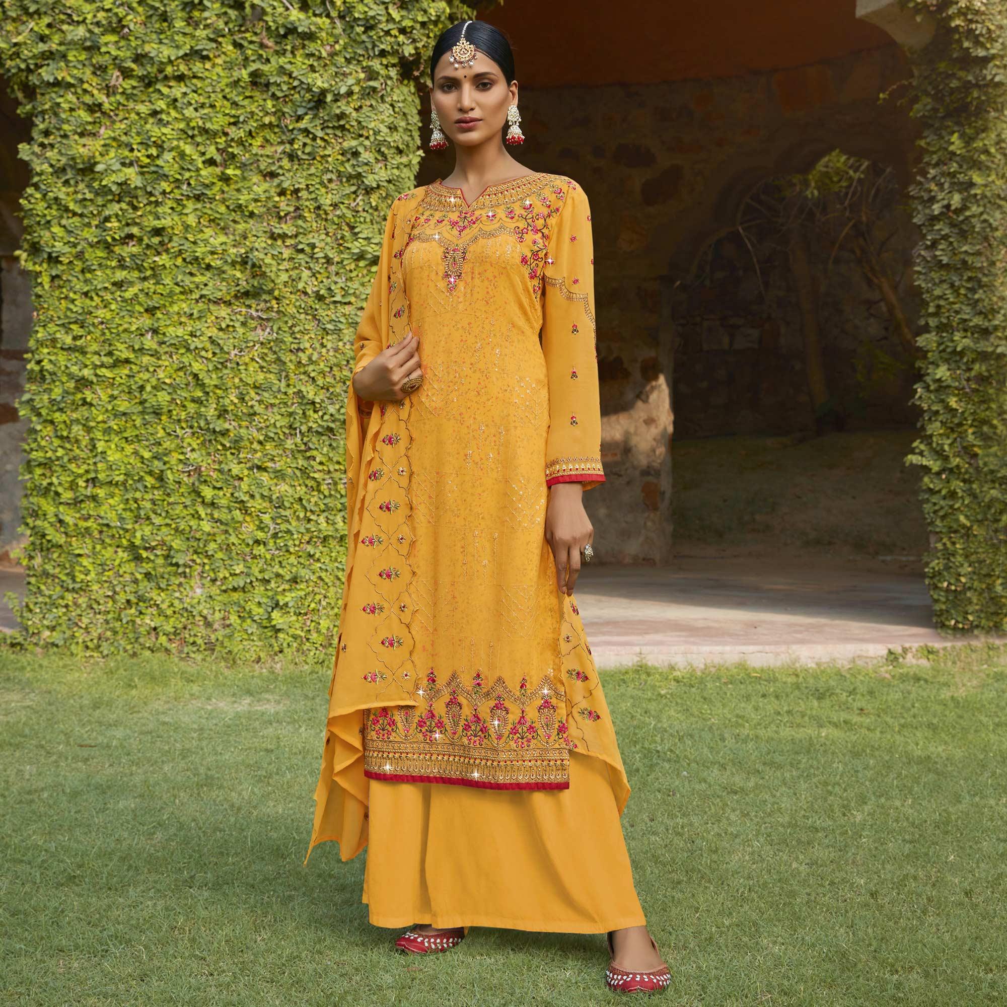 Yellow Embellished With Embroidered Georgette Palazzo Suit - Peachmode
