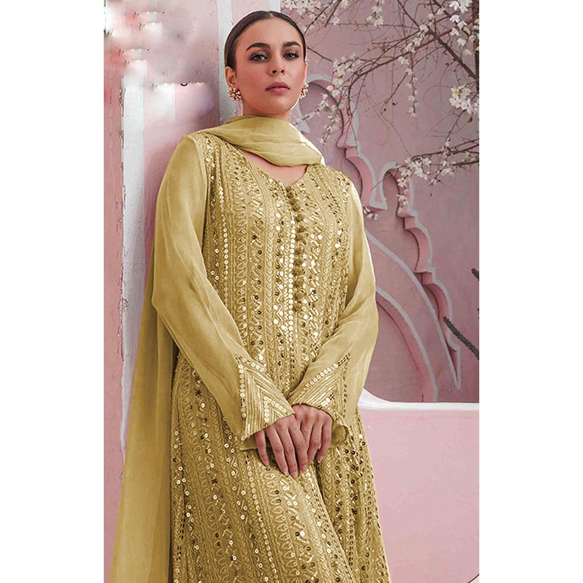 Yellow Embellished With Embroidered Georgette Palazzo Suit - Peachmode
