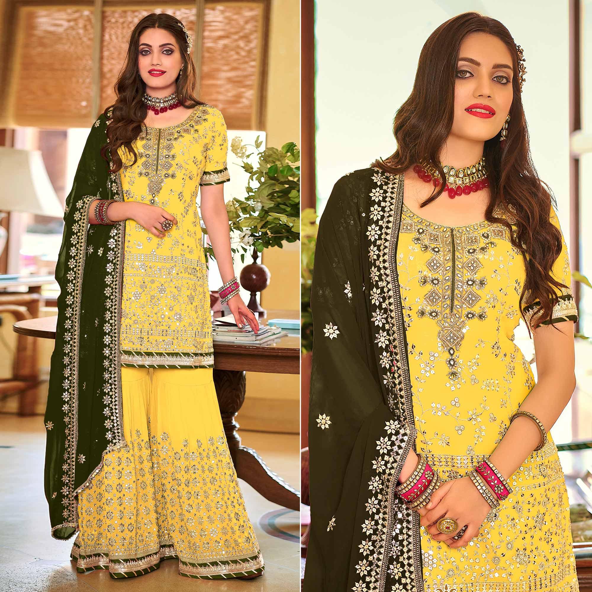 Yellow Embellished With Embroidered Georgette Sharara Suit - Peachmode