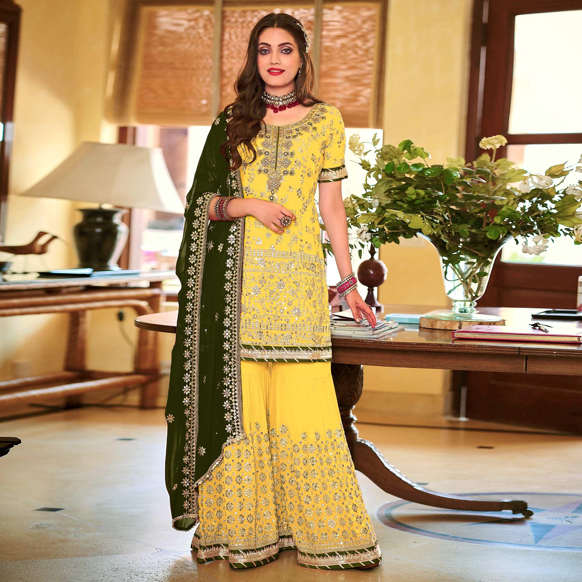 Yellow Embellished With Embroidered Georgette Sharara Suit - Peachmode