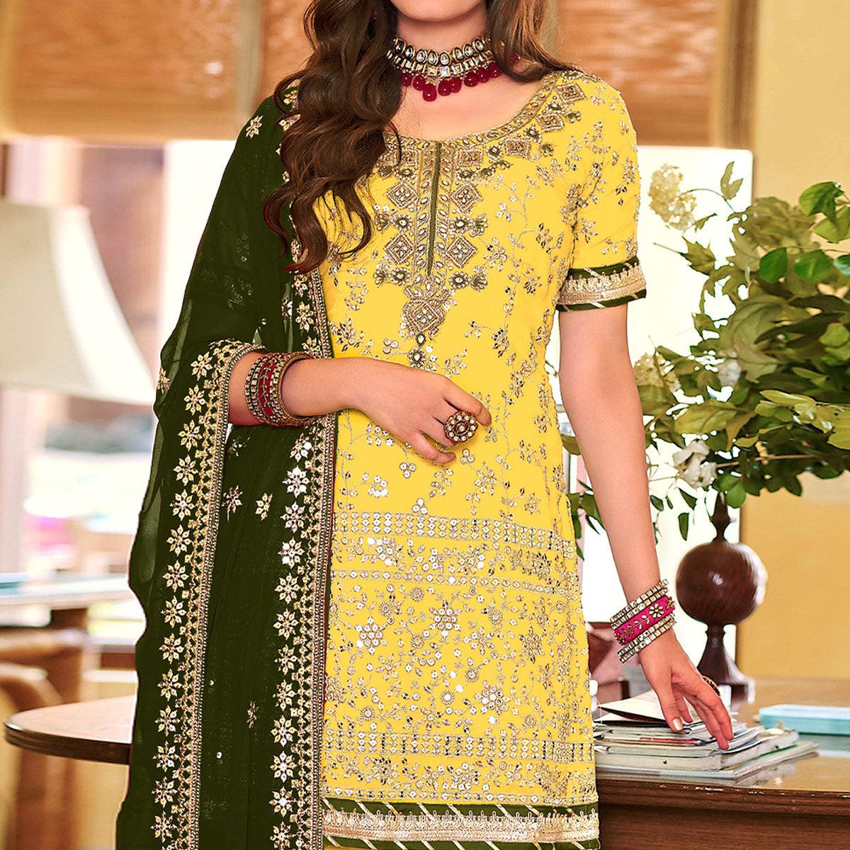 Yellow Embellished With Embroidered Georgette Sharara Suit - Peachmode