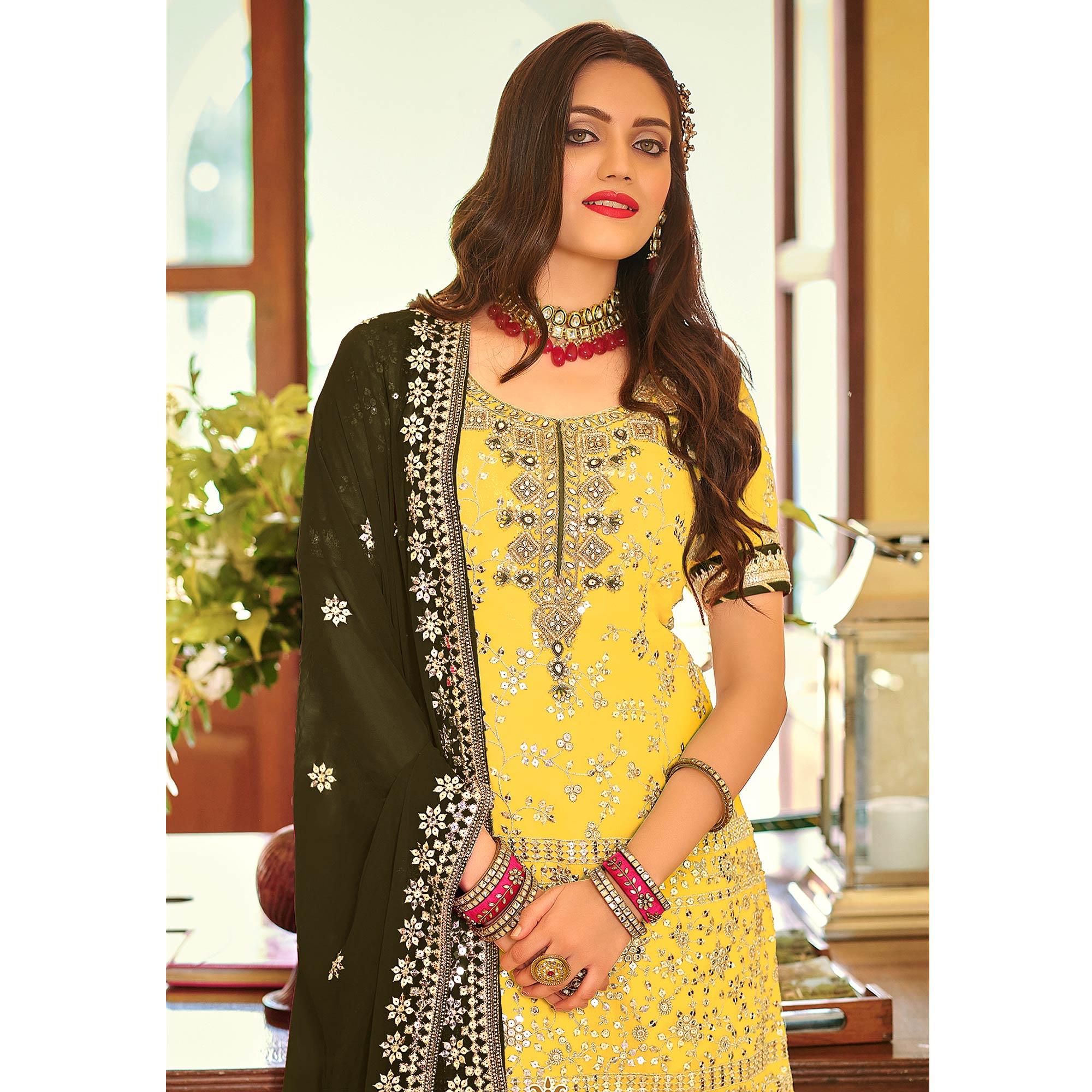 Yellow Embellished With Embroidered Georgette Sharara Suit - Peachmode