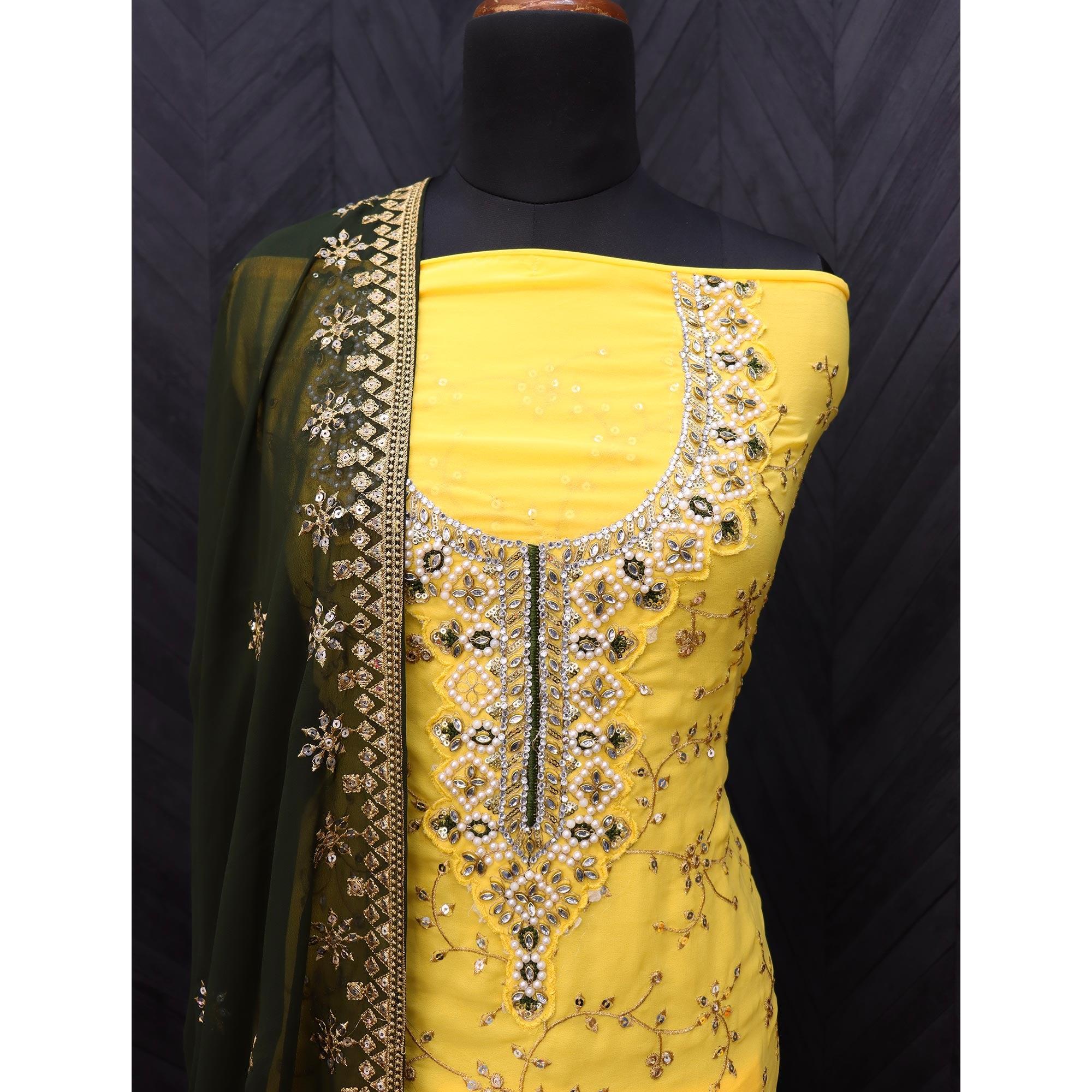 Yellow Embellished With Embroidered Georgette Sharara Suit - Peachmode