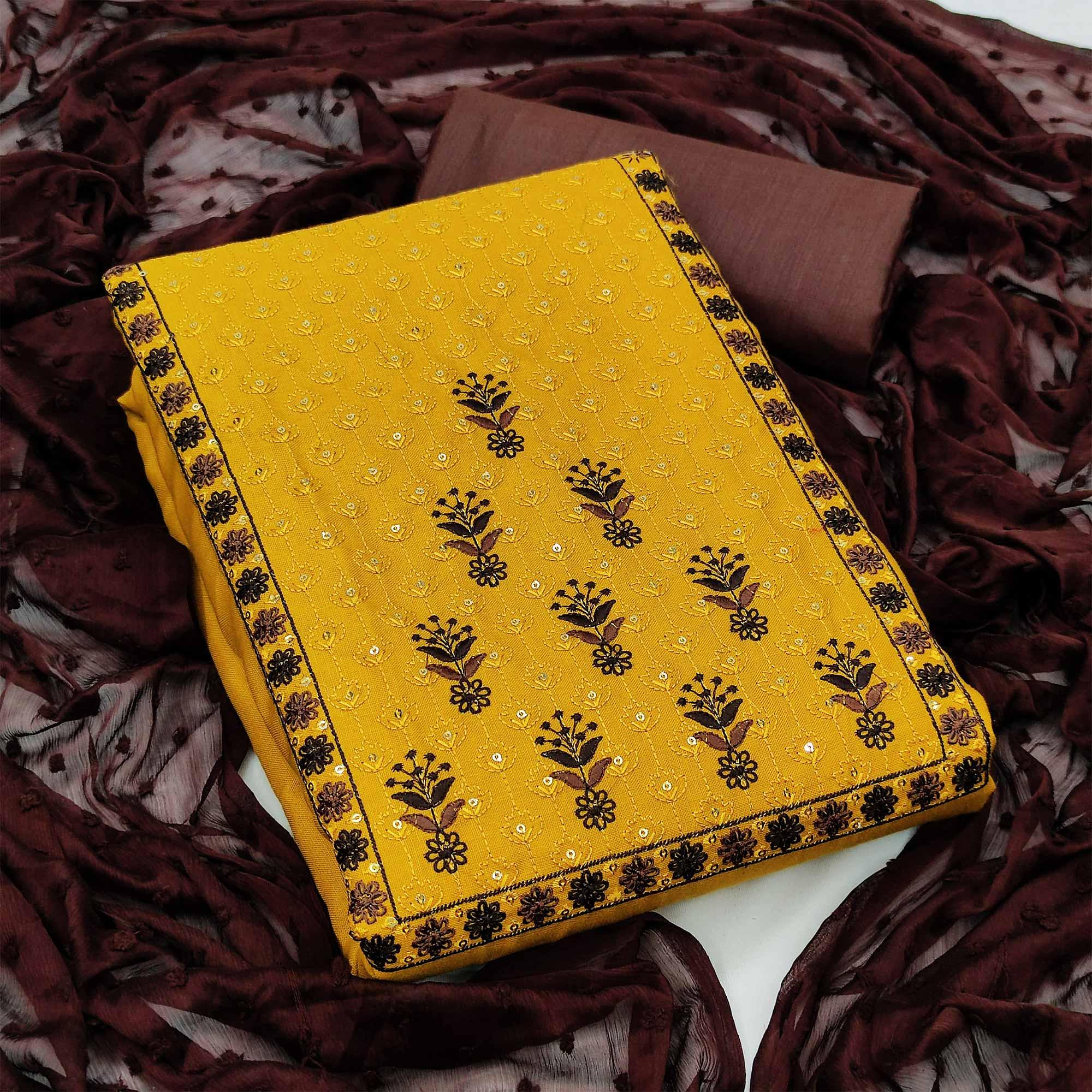 Yellow Embellished With Embroidered Pure Cotton Dress Material - Peachmode