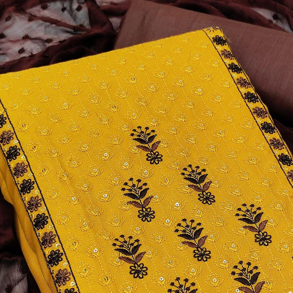 Yellow Embellished With Embroidered Pure Cotton Dress Material - Peachmode