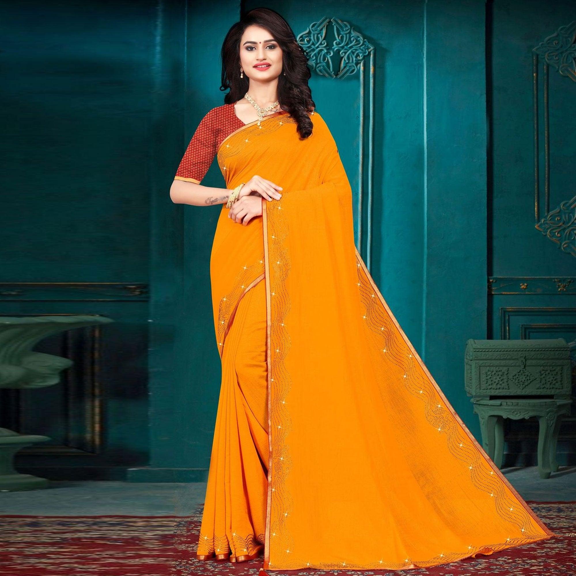 Yellow Embellished With Embroidered Vichitra Silk Saree - Peachmode